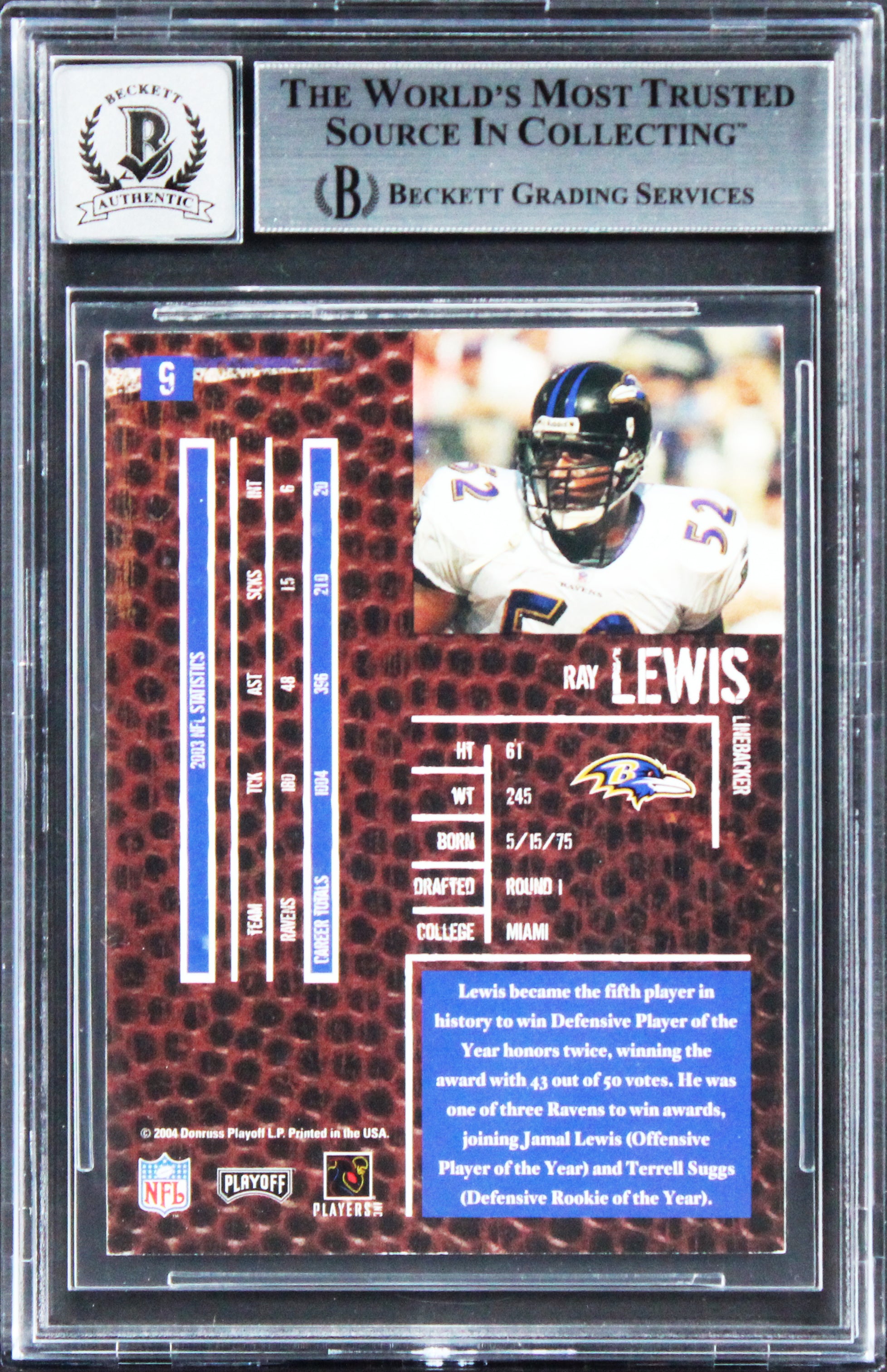 Ravens Ray Lewis Signed 2004 Playoff Hogg Heaven #9 Card Auto GM 10! BAS Slabbed
