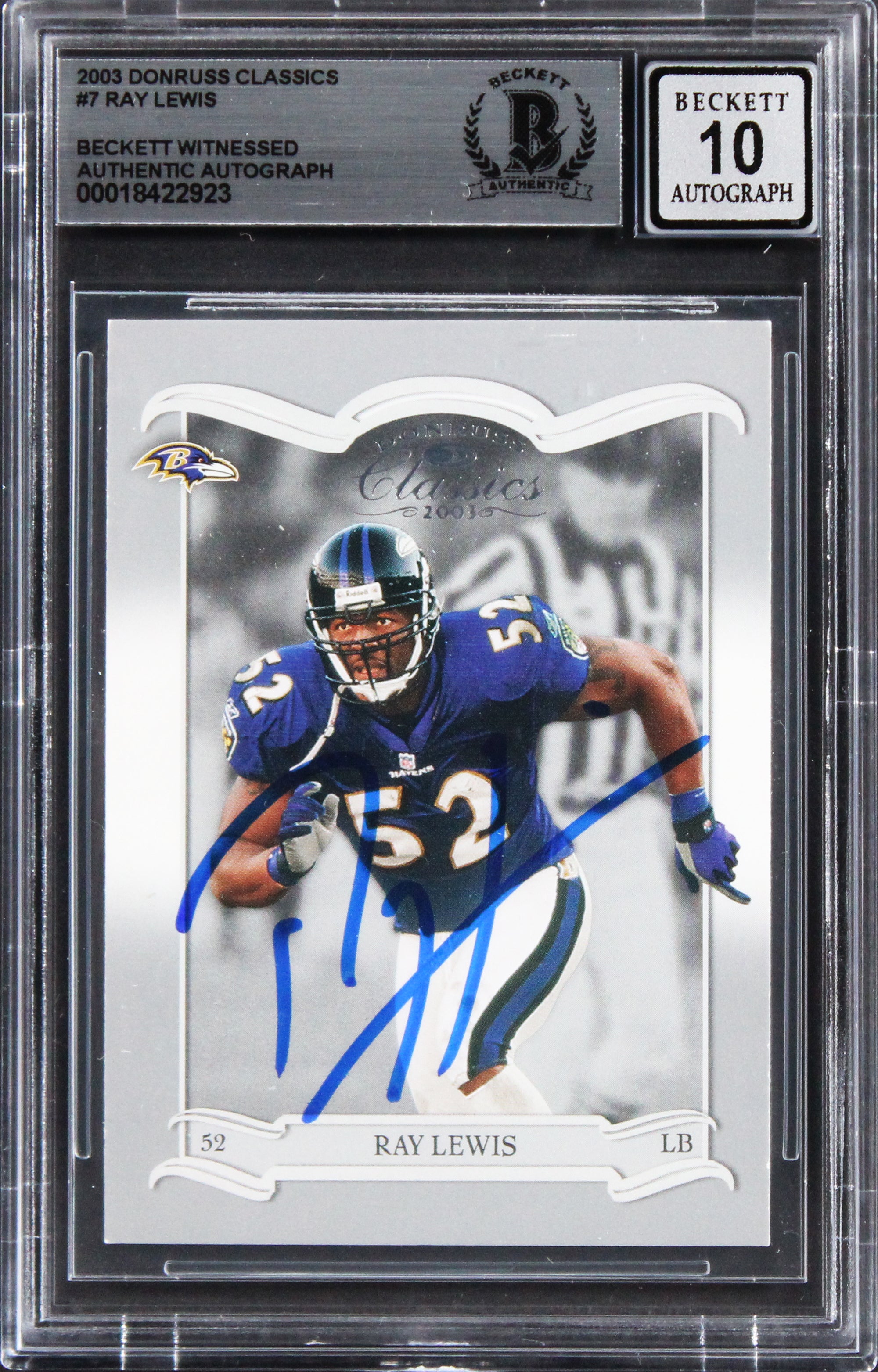 Ravens Ray Lewis Signed 2003 Donruss Classics #7 Card Auto Grade 10! BAS Slabbed