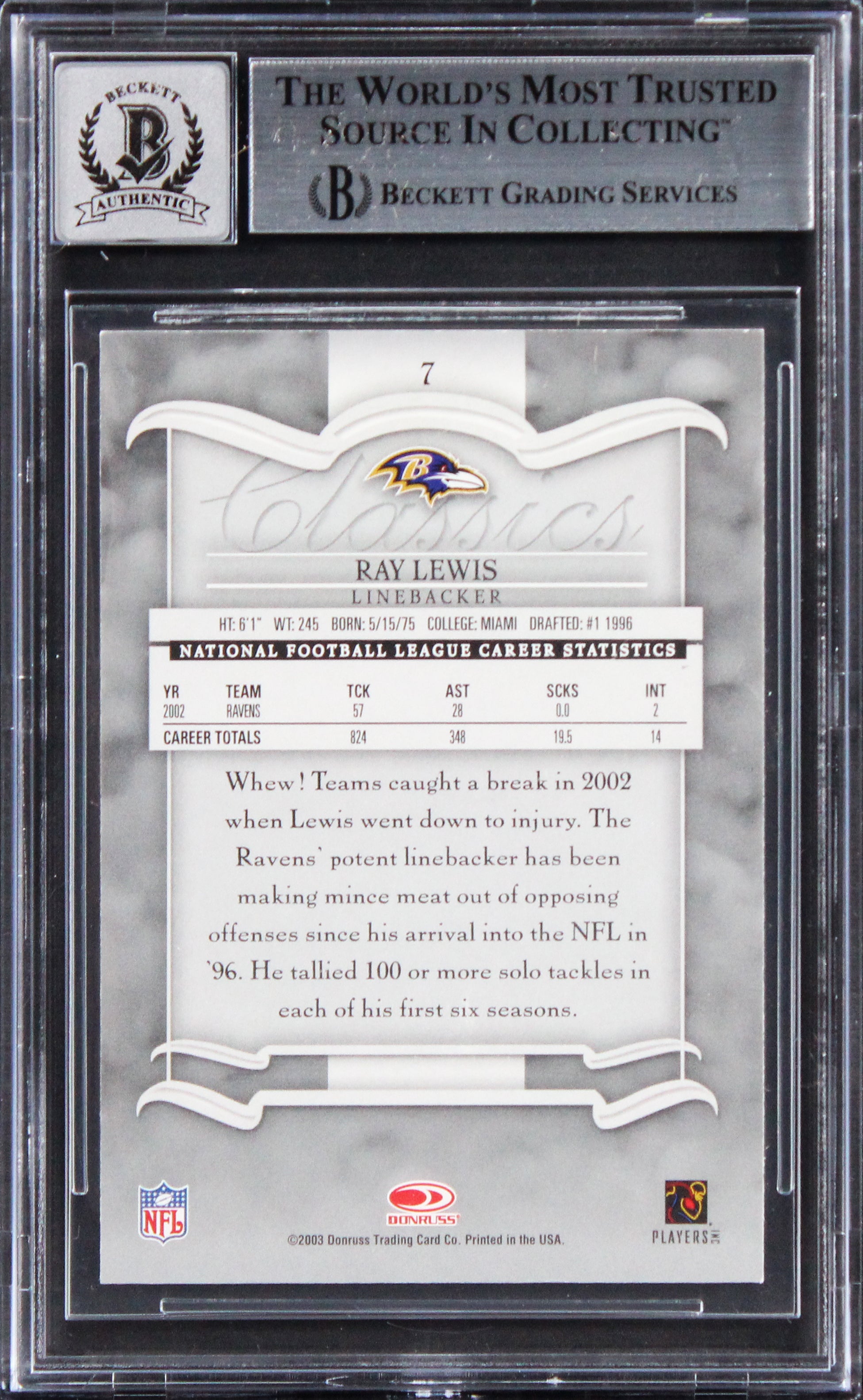 Ravens Ray Lewis Signed 2003 Donruss Classics #7 Card Auto Grade 10! BAS Slabbed