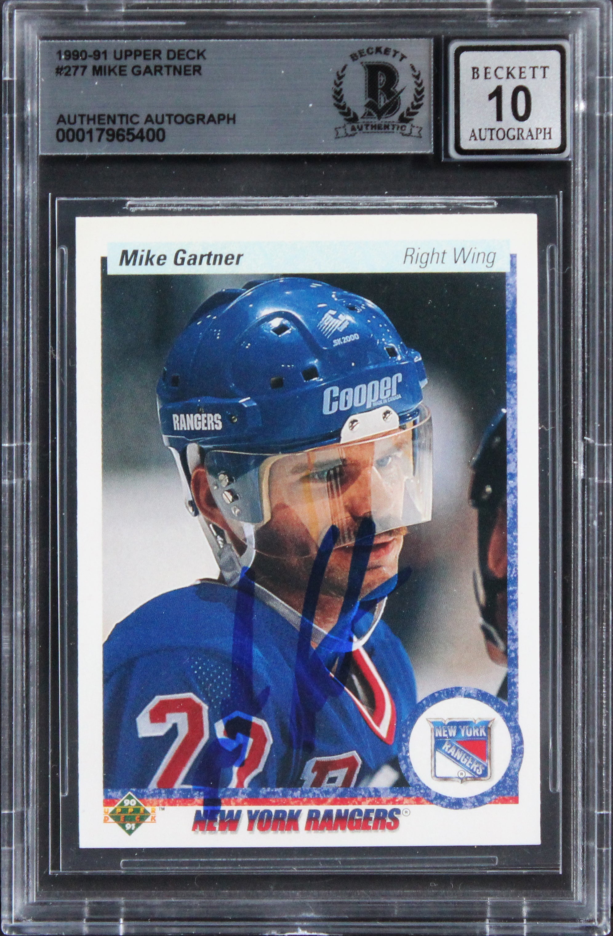 Rangers Mike Gartner Signed 1990 Upper Deck #277 Card Auto 10! BAS Slabbed