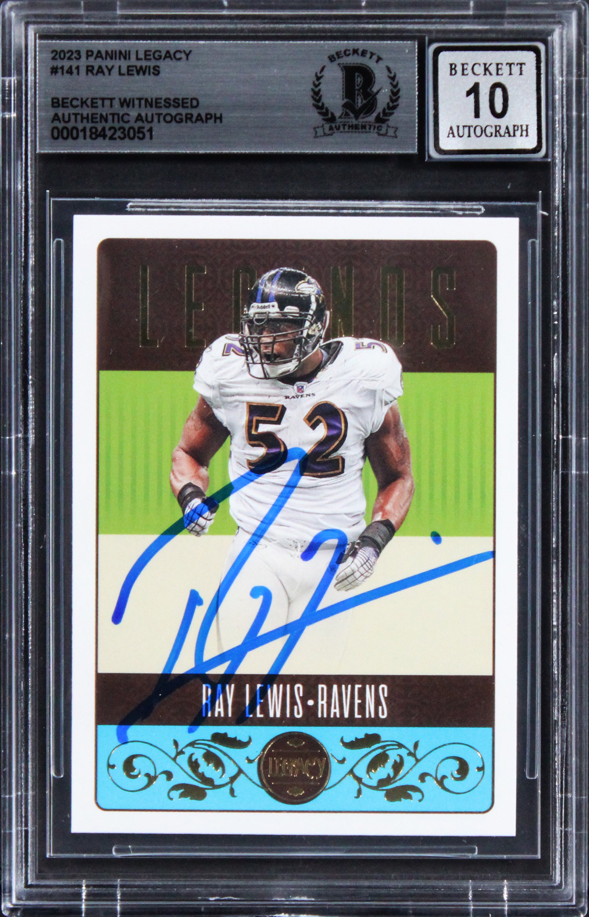 Ravens Ray Lewis Signed 2023 Panini Legacy #141 Card Auto Graded 10! BAS Slabbed