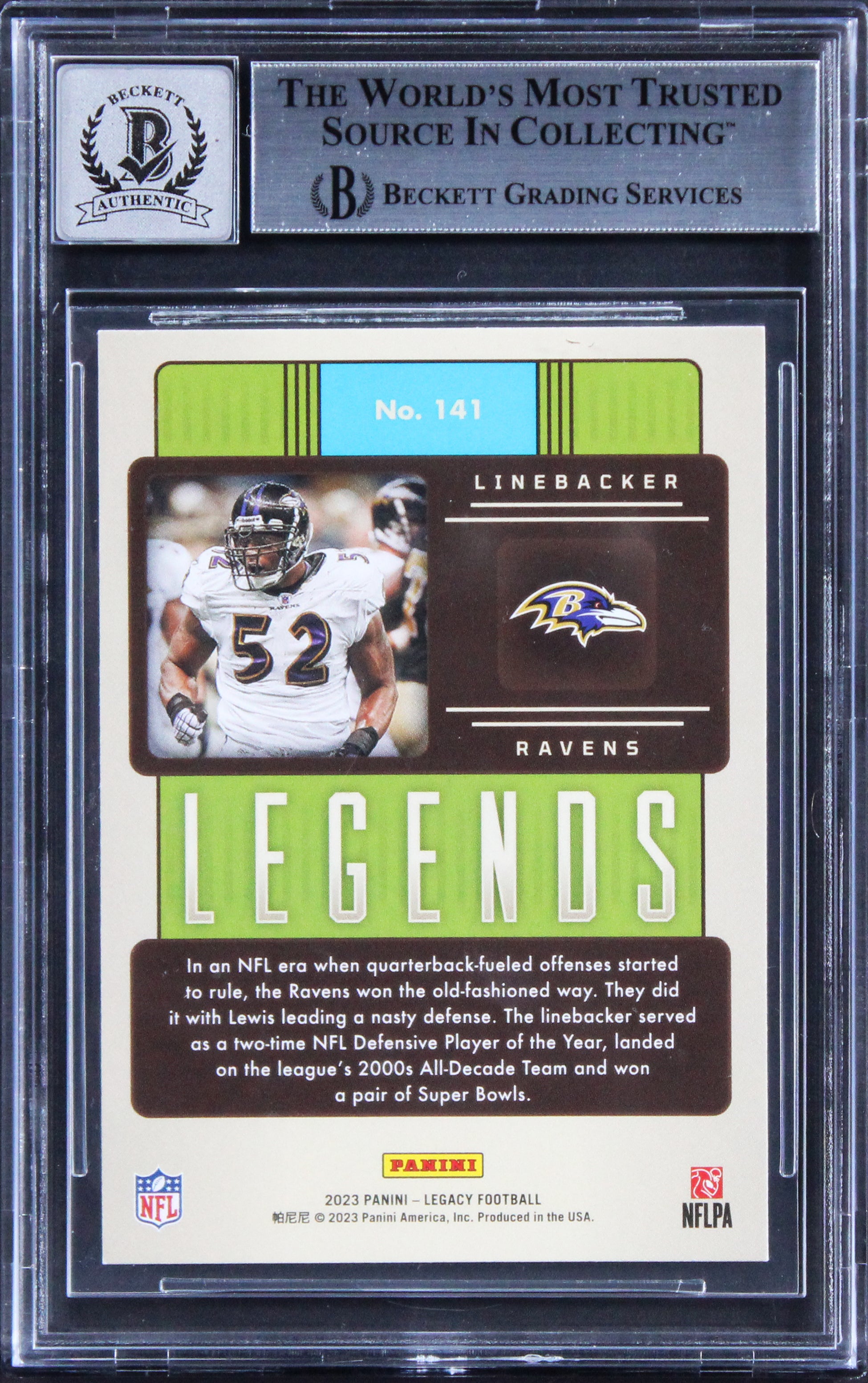 Ravens Ray Lewis Signed 2023 Panini Legacy #141 Card Auto Graded 10! BAS Slabbed