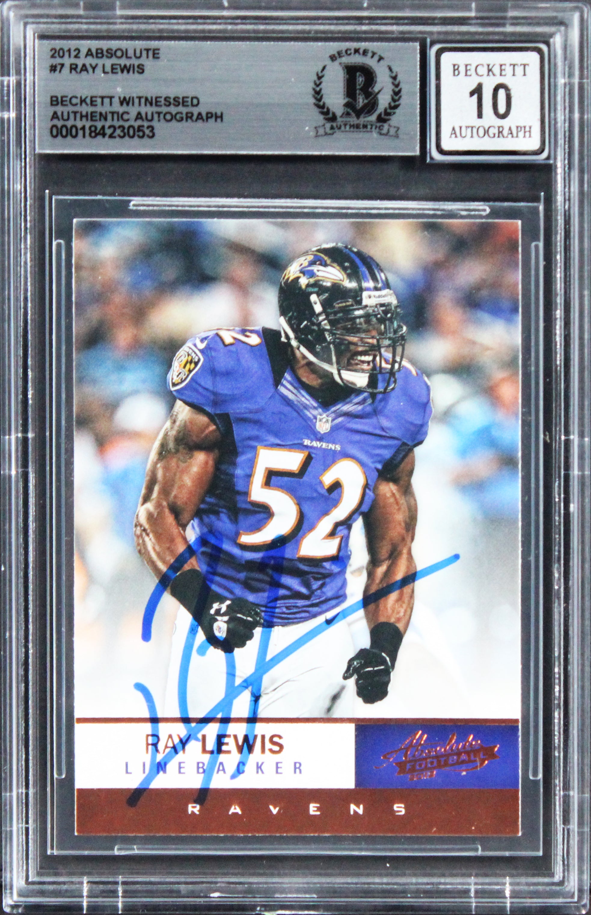 Ravens Ray Lewis Signed 2012 Absolute #7 Card Auto Graded Gem Mint 10! BAS Slab