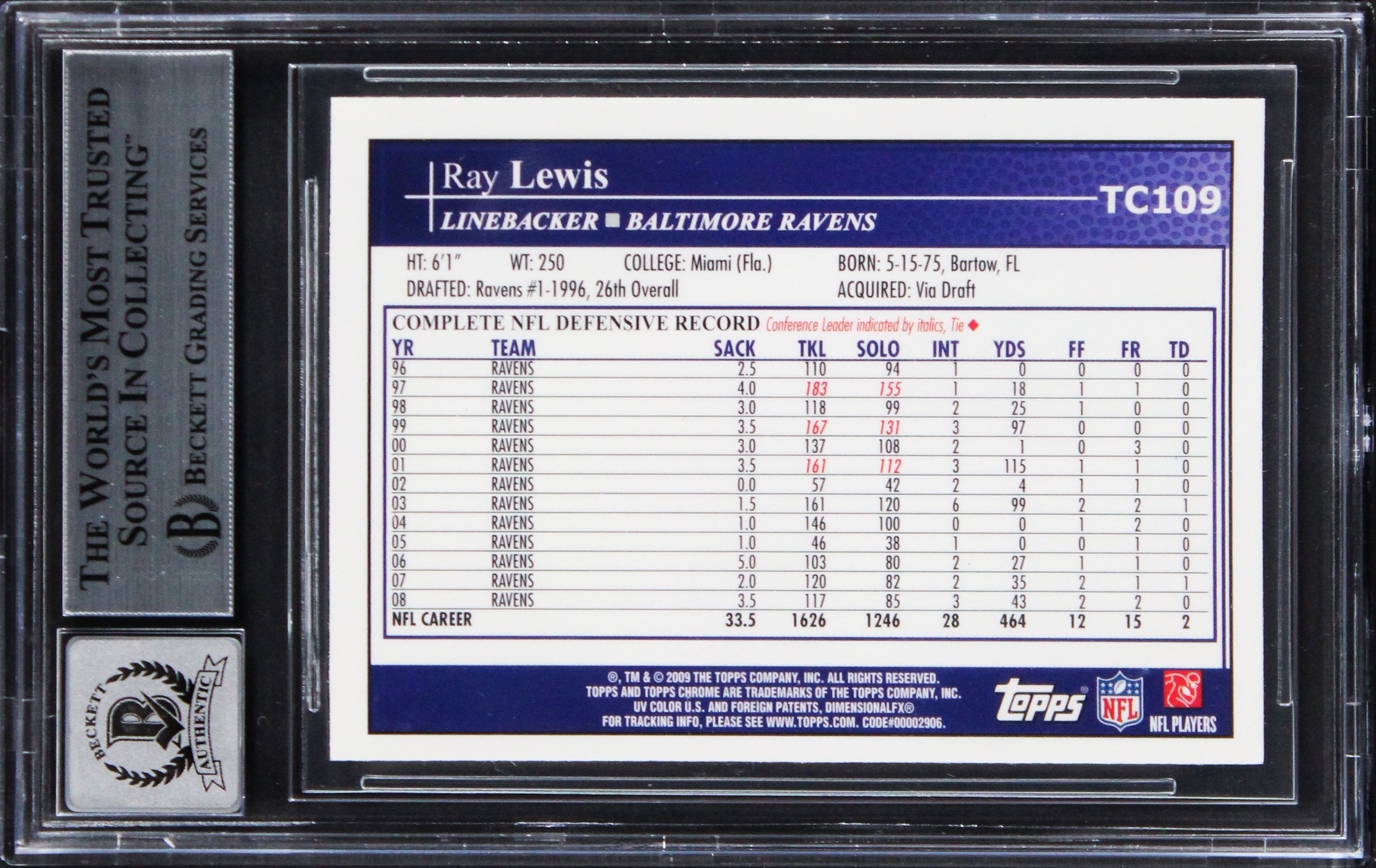 Ravens Ray Lewis Signed 2009 Topps Chrome #TC109 Card Auto Grade 10! BAS Slabbed