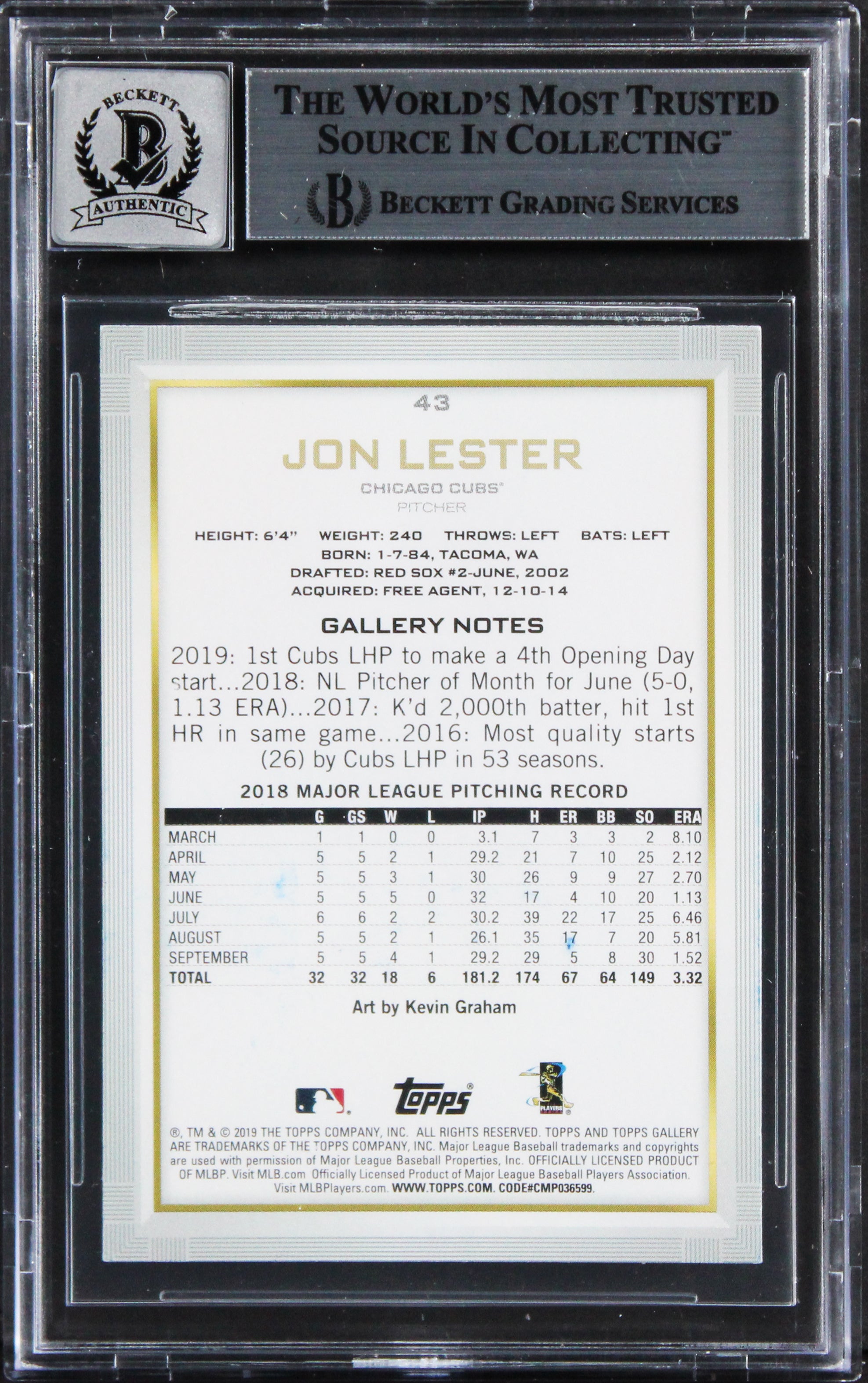 Cubs Jon Lester Signed 2022 Topps Gallery #43 Card Auto Graded 10! BAS Slabbed