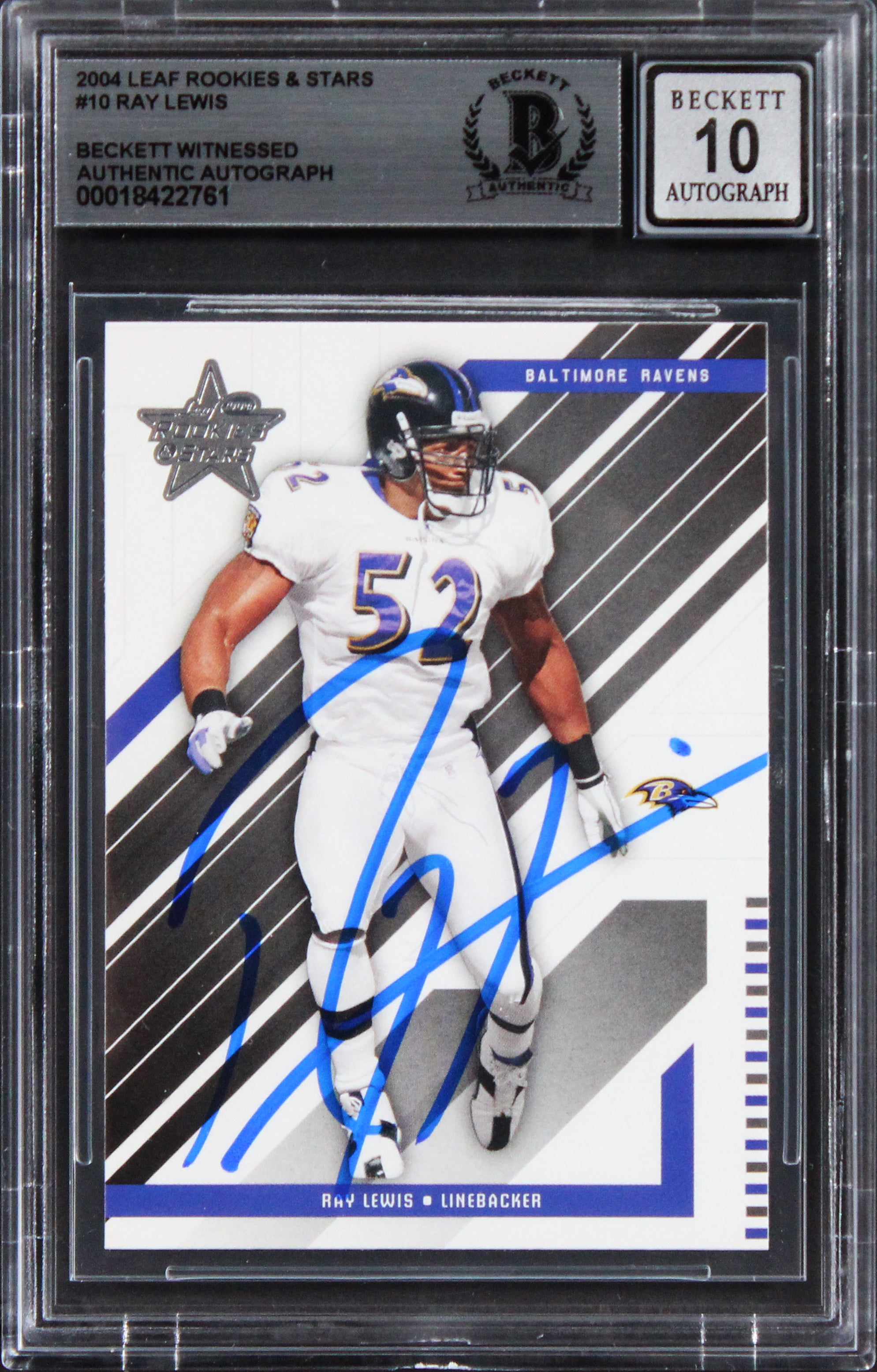 Ravens Ray Lewis Signed 2004 Leaf Rookies & Stars #10 Card Auto 10! BAS Slabbed