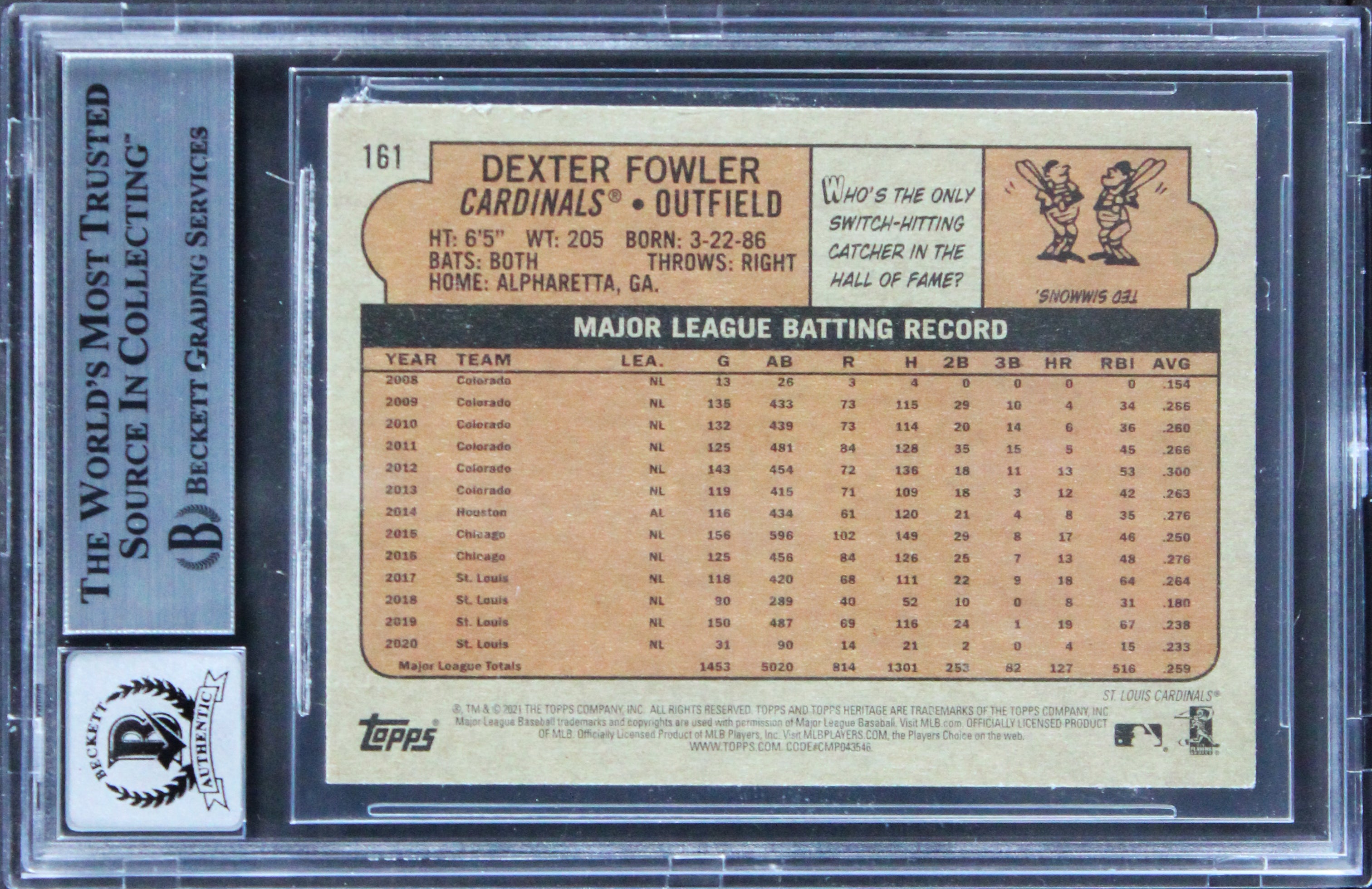 Cardinals Dexter Fowler Signed 2021 Topps Heritage #161 Card Auto 10! BAS Slab