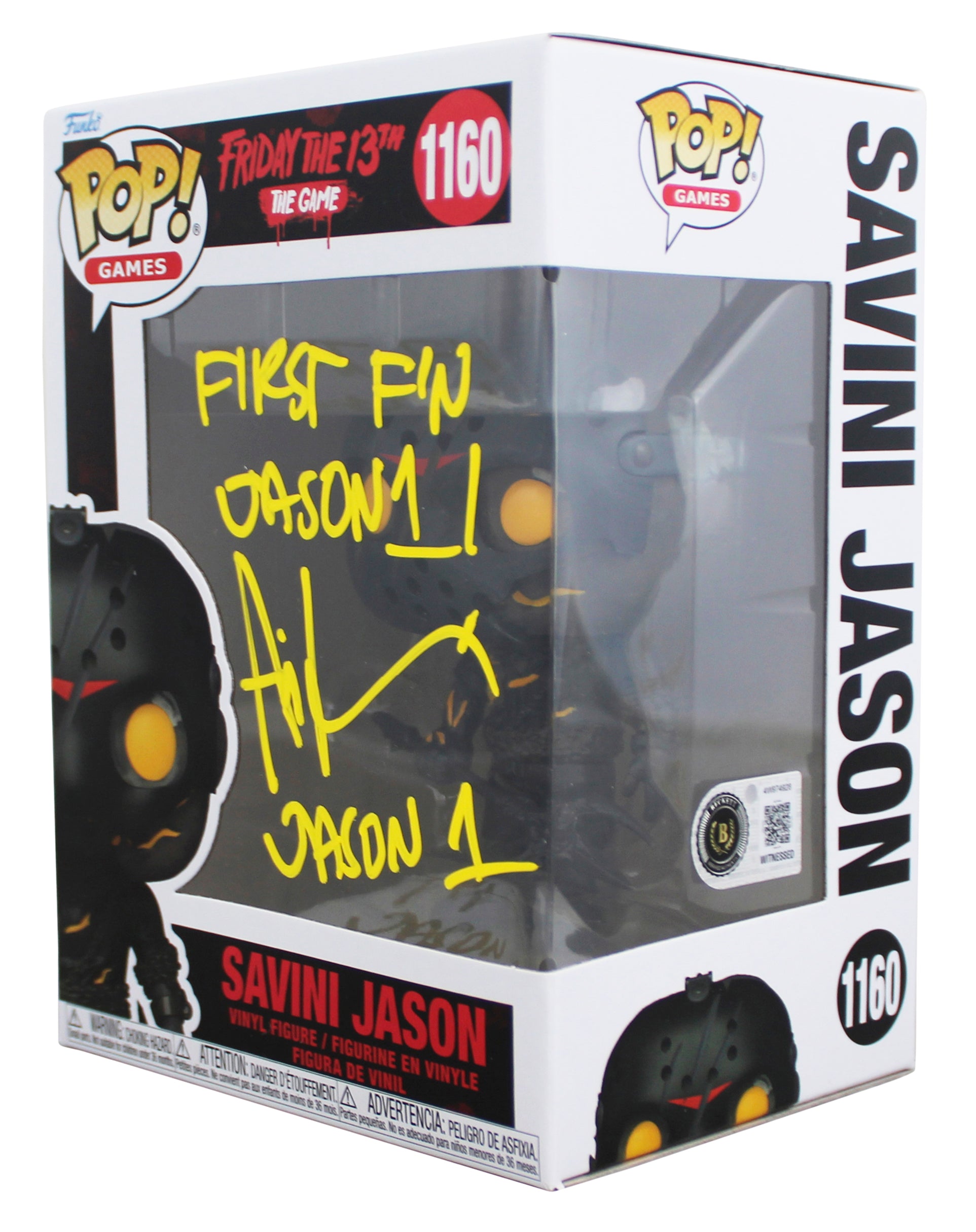 Ari Lehman "2x Insc" Signed Jason #1160 Funko Pop Figure w/ Yellow Sig BAS Wit