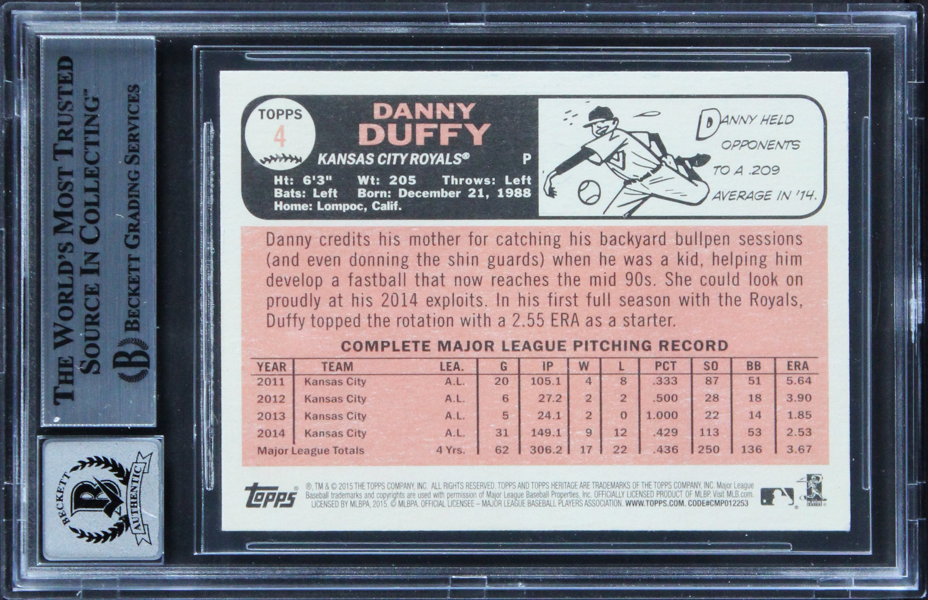 Royals Danny Duffy Signed 2015 Topps Heritage #4 Card Auto 10! BAS Slabbed