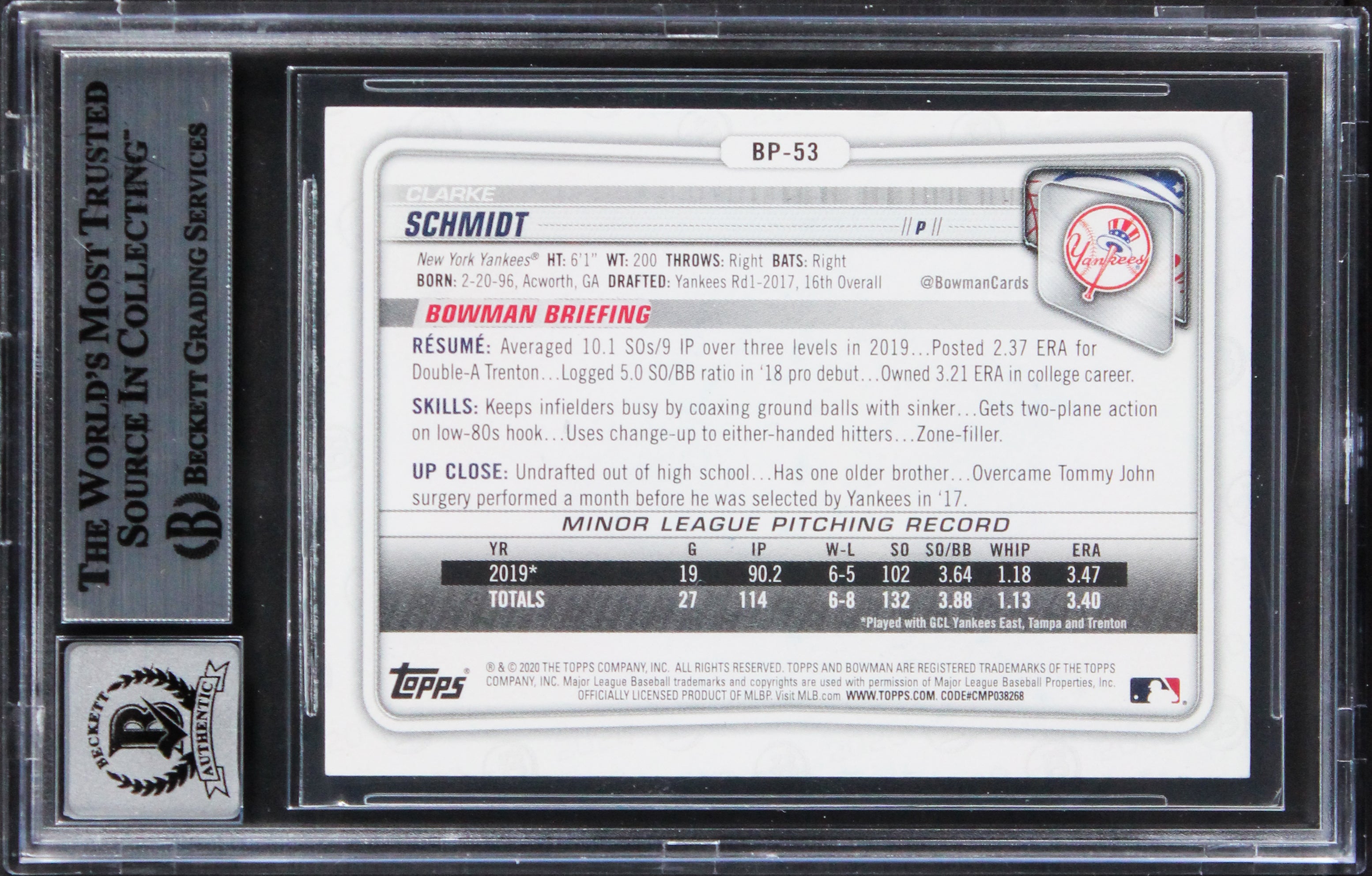 Royals Clarke Schmidt Signed 2020 Bowman PC #BP53 Card Auto 10! BAS Slabbed