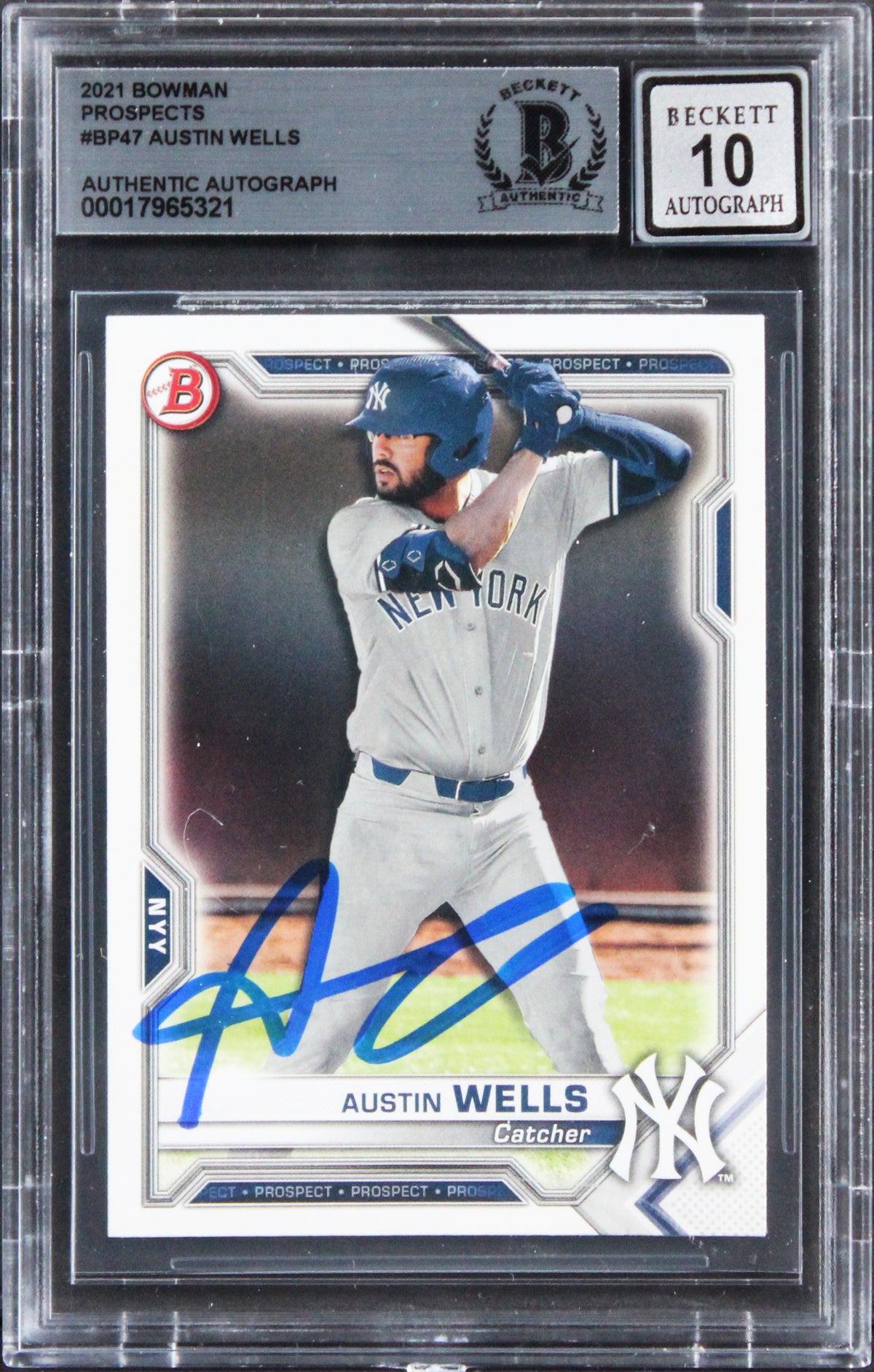 Yankees Austin Wells Signed 2021 Bowman Prospects #BP47 Card Auto 10! BAS Slab