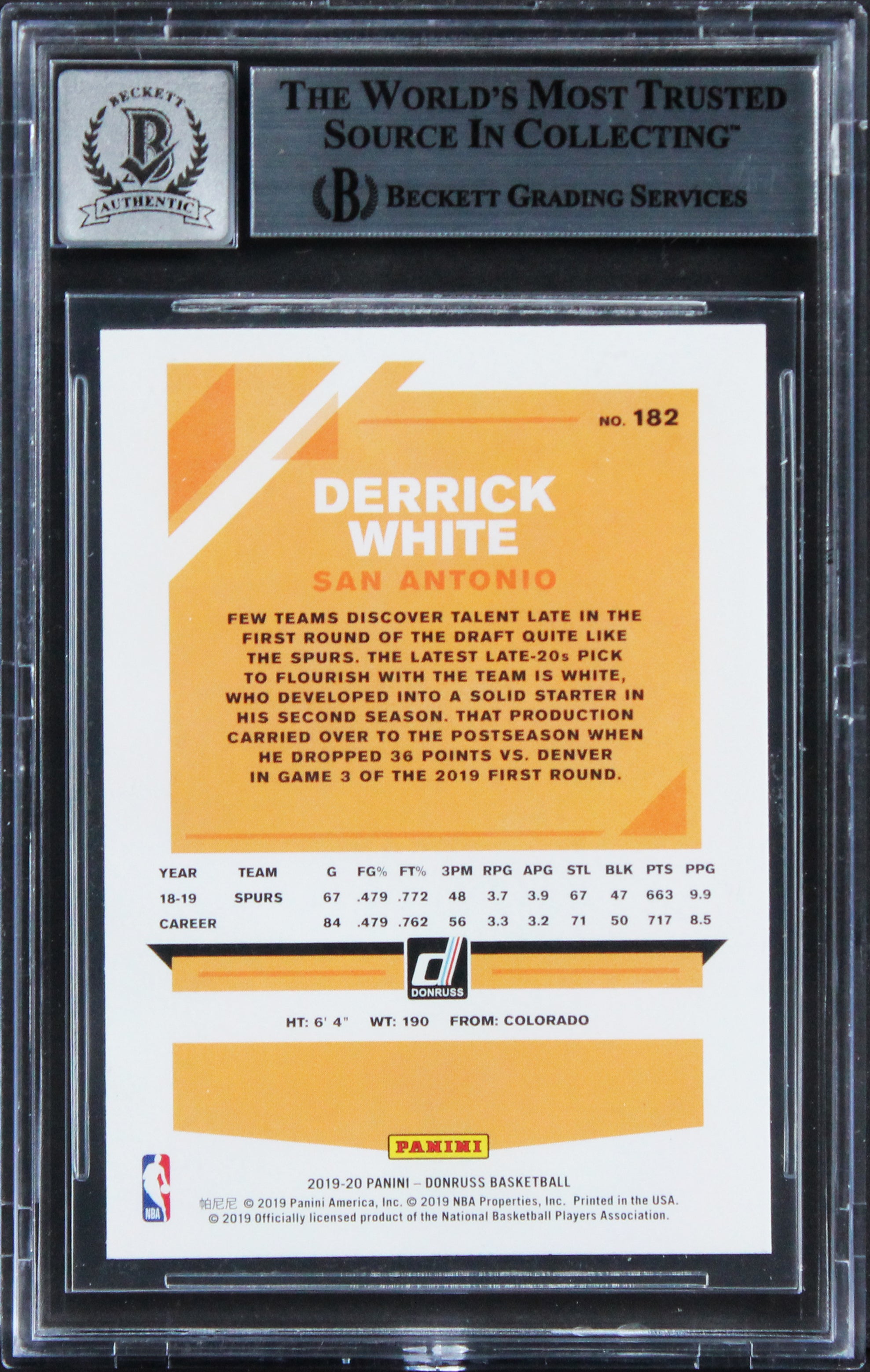 Spurs Derrick White Signed 2019 Donruss #182 Card Auto Graded 10! BAS Slabbed