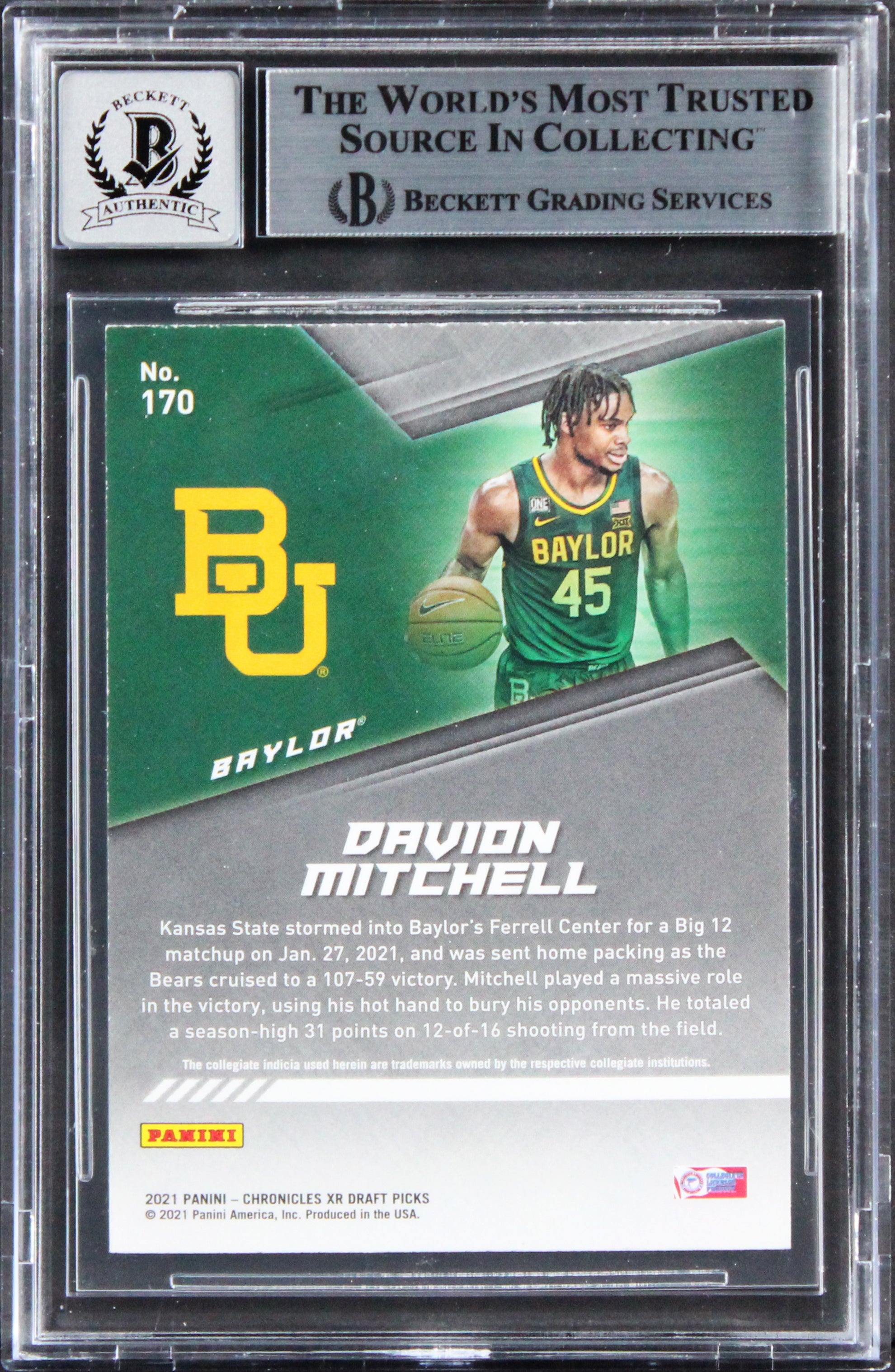 Davion Mitchell Signed 2021 Chronicles DP XR #170 Rookie Card Auto 10! BAS Slab