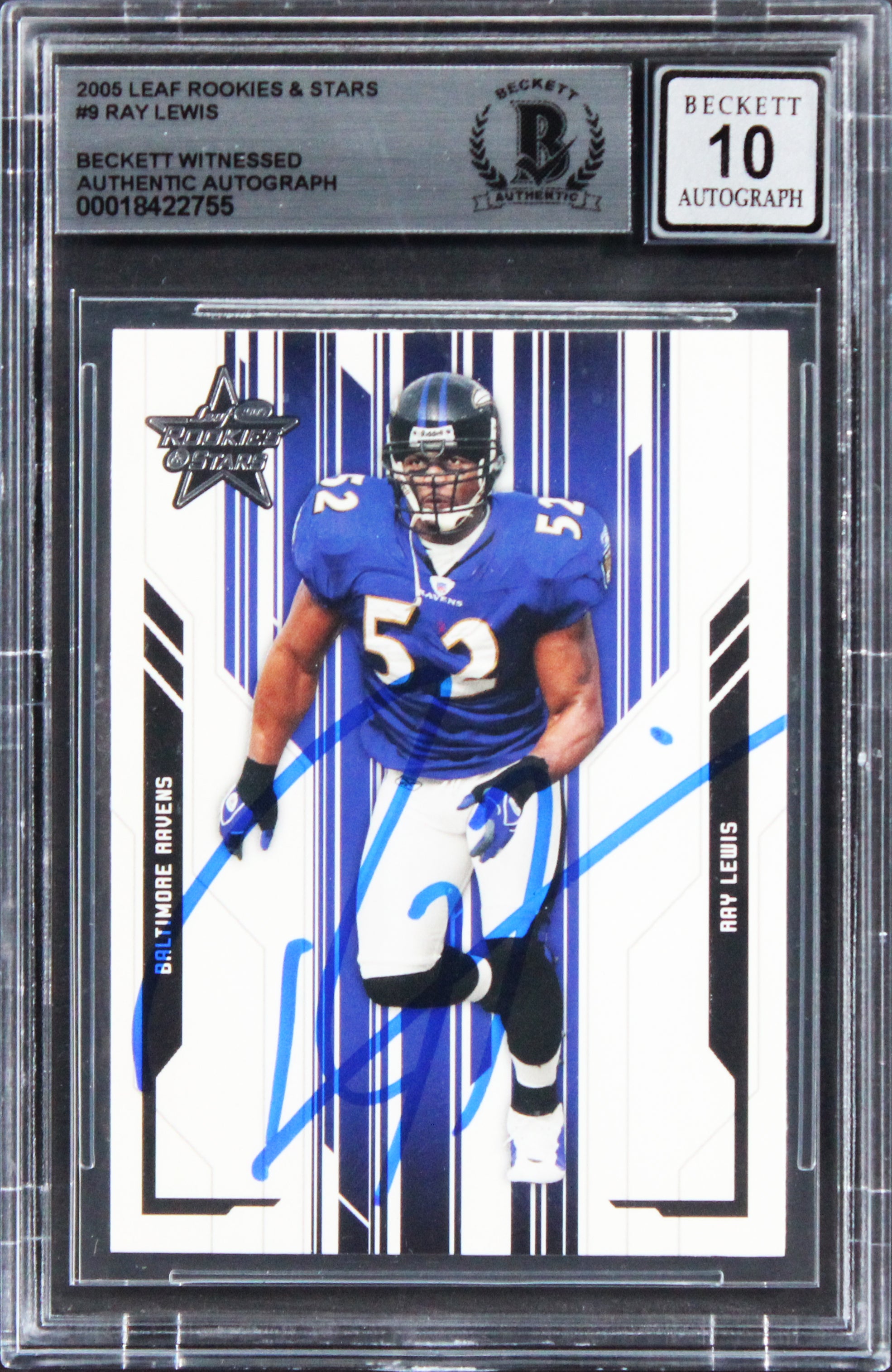 Ravens Ray Lewis Signed 2005 Leaf Rookies & Stars #9 Card Auto 10! BAS Slabbed