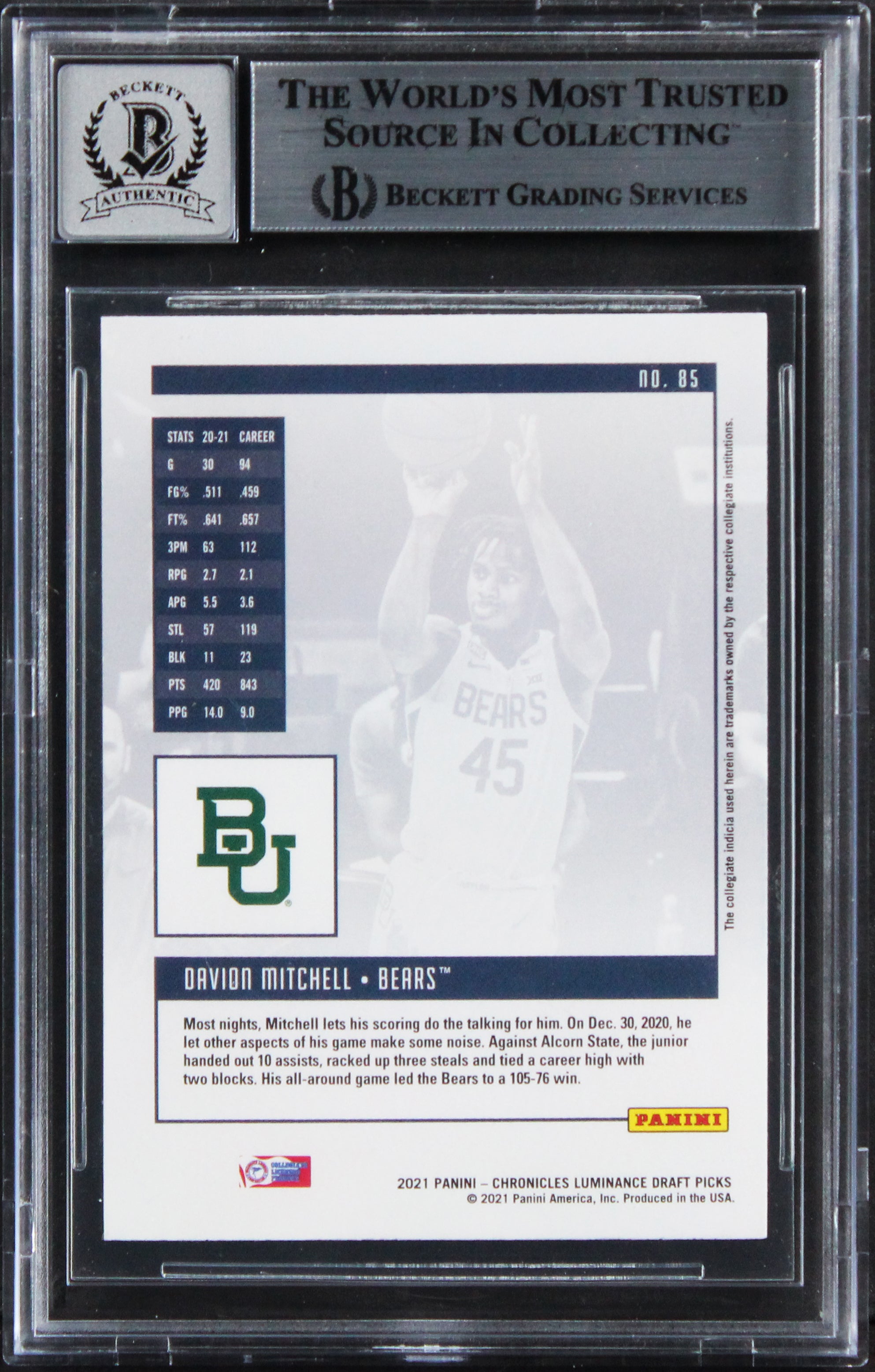 Davion Mitchell Signed 2021 Chronicles DP Lum #85 Rookie Card Auto 10! BAS Slab