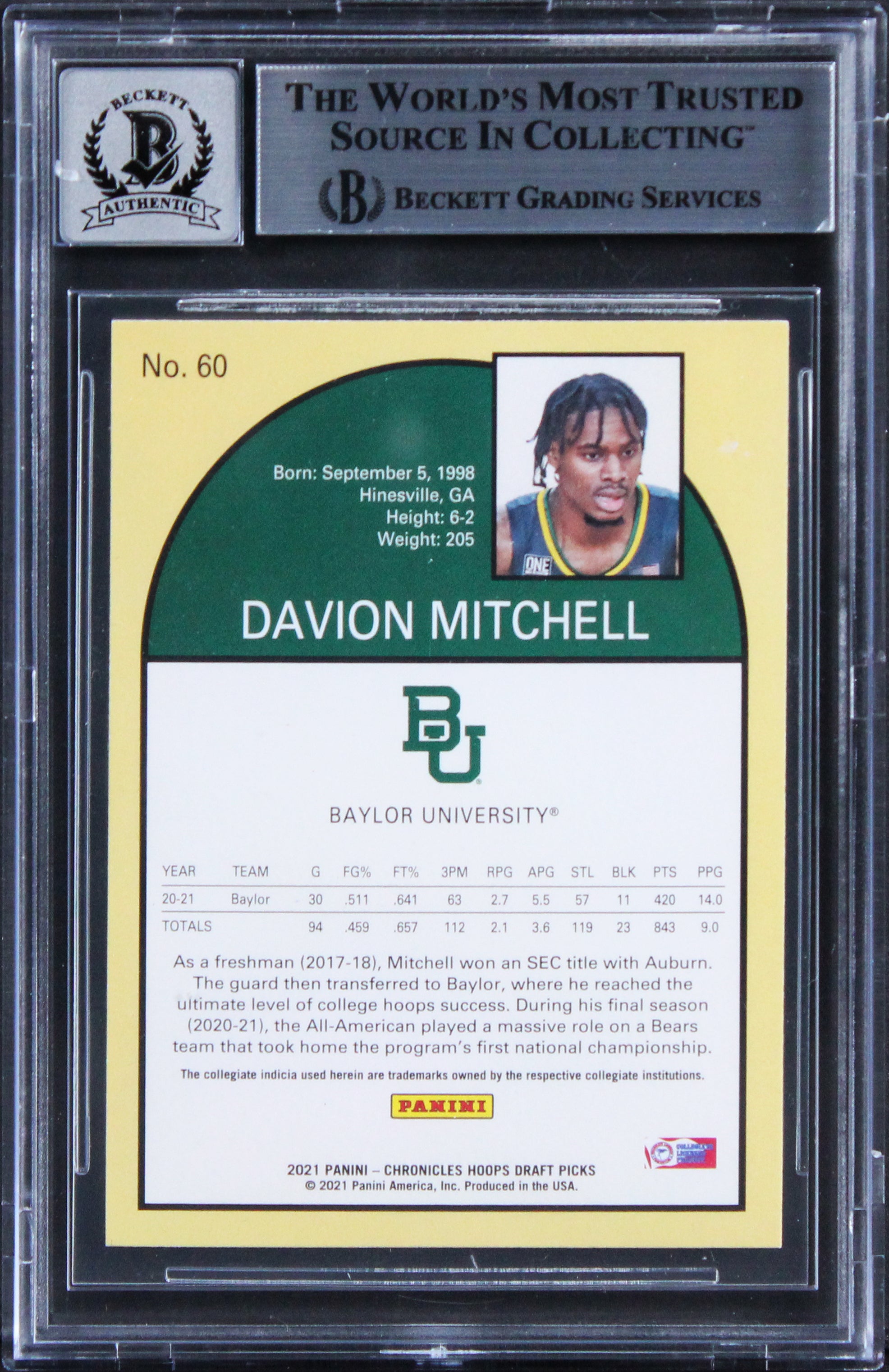 Davion Mitchell Signed 2021 Chronicles DP HR #60 Rookie Card Auto 10! BAS Slab