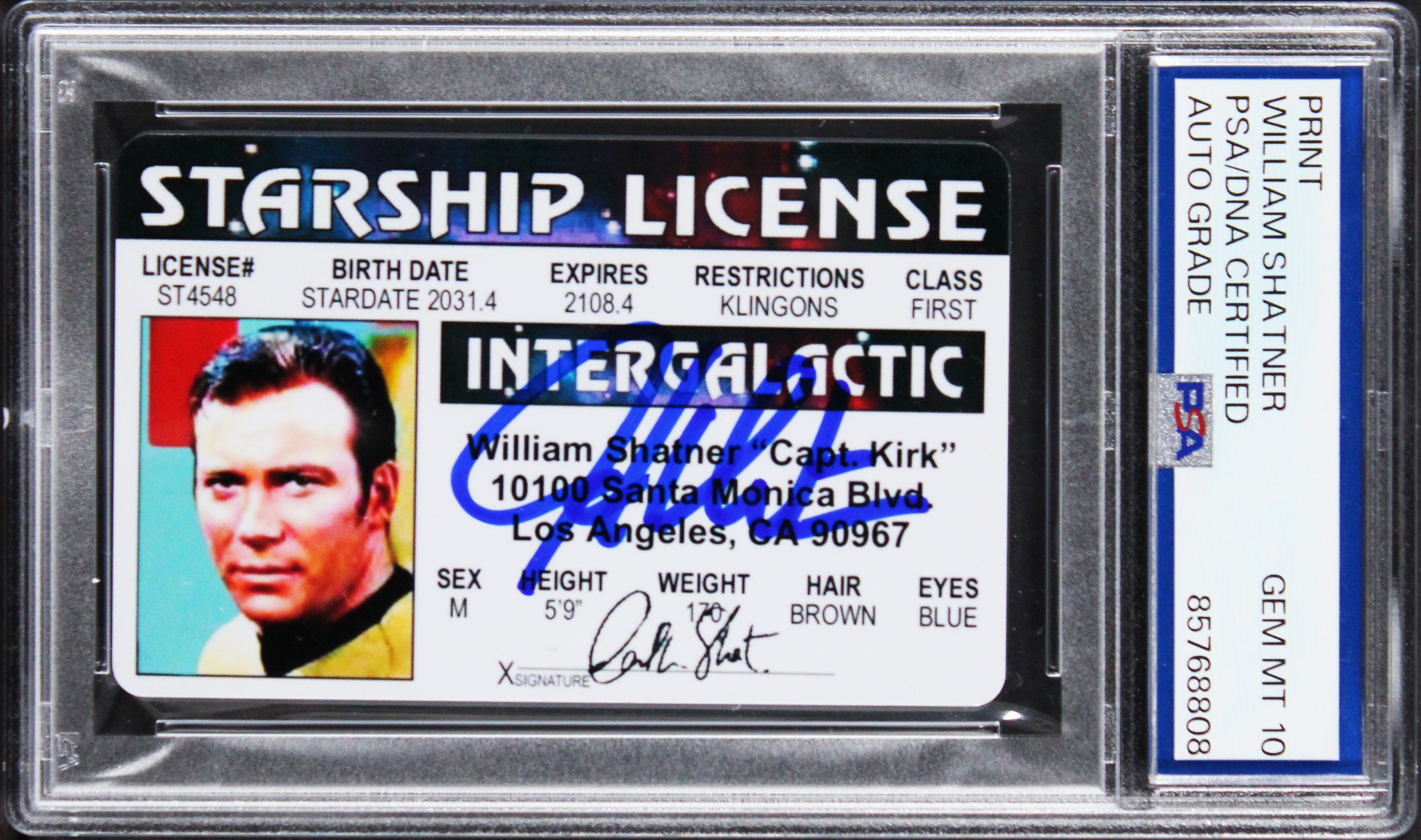 William Shatner Star Trek Signed Captain Kirk License Auto 10! PSA/DNA Slabbed