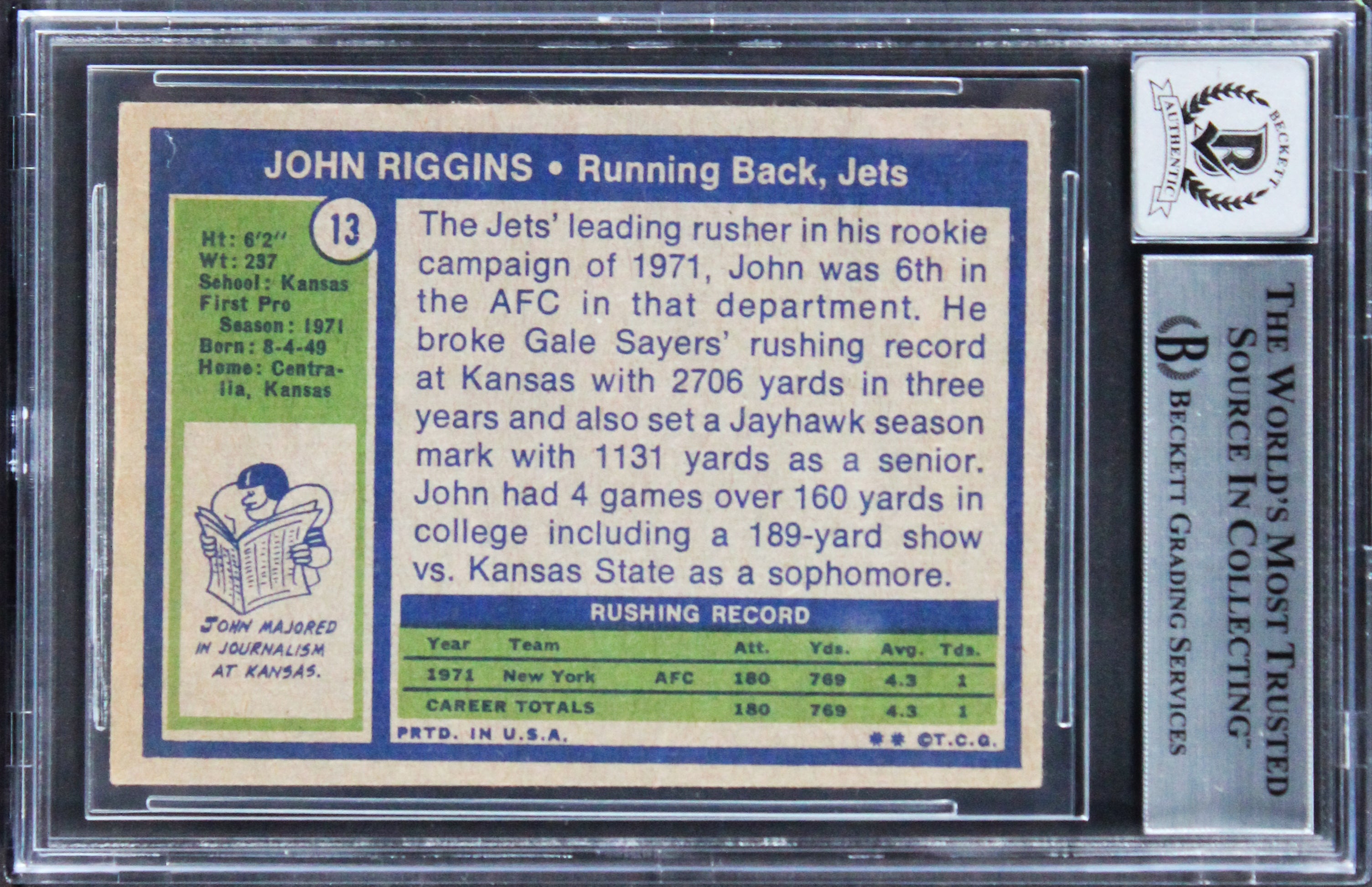 Jets John Riggins Signed 1972 Topps #13 Rookie Card Auto Grade 10! BAS Slabbed