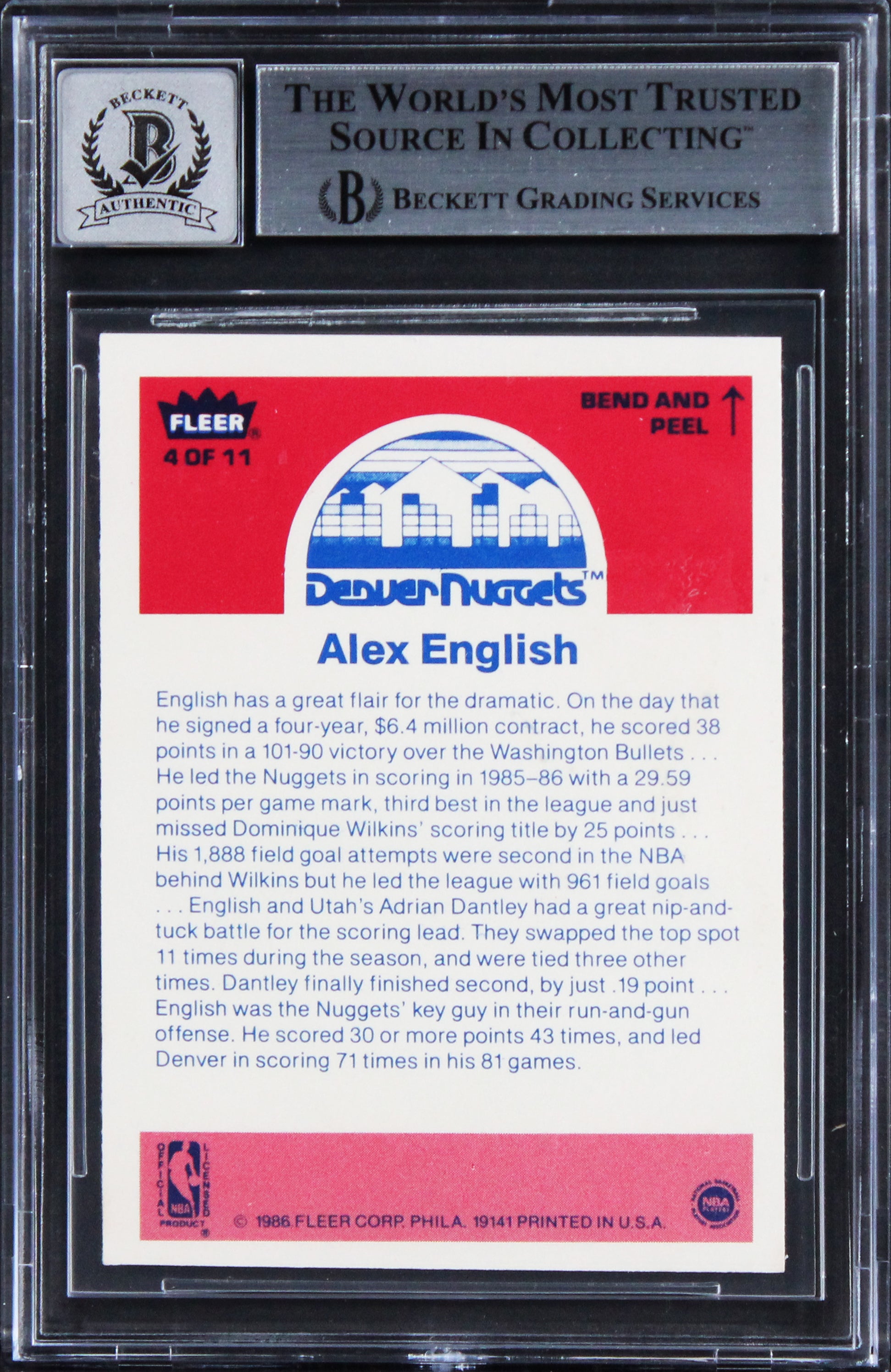 Nugs Alex English "HOF 97" Signed 1986 Fleer Stickers #4 Card Auto 10! BAS Slab