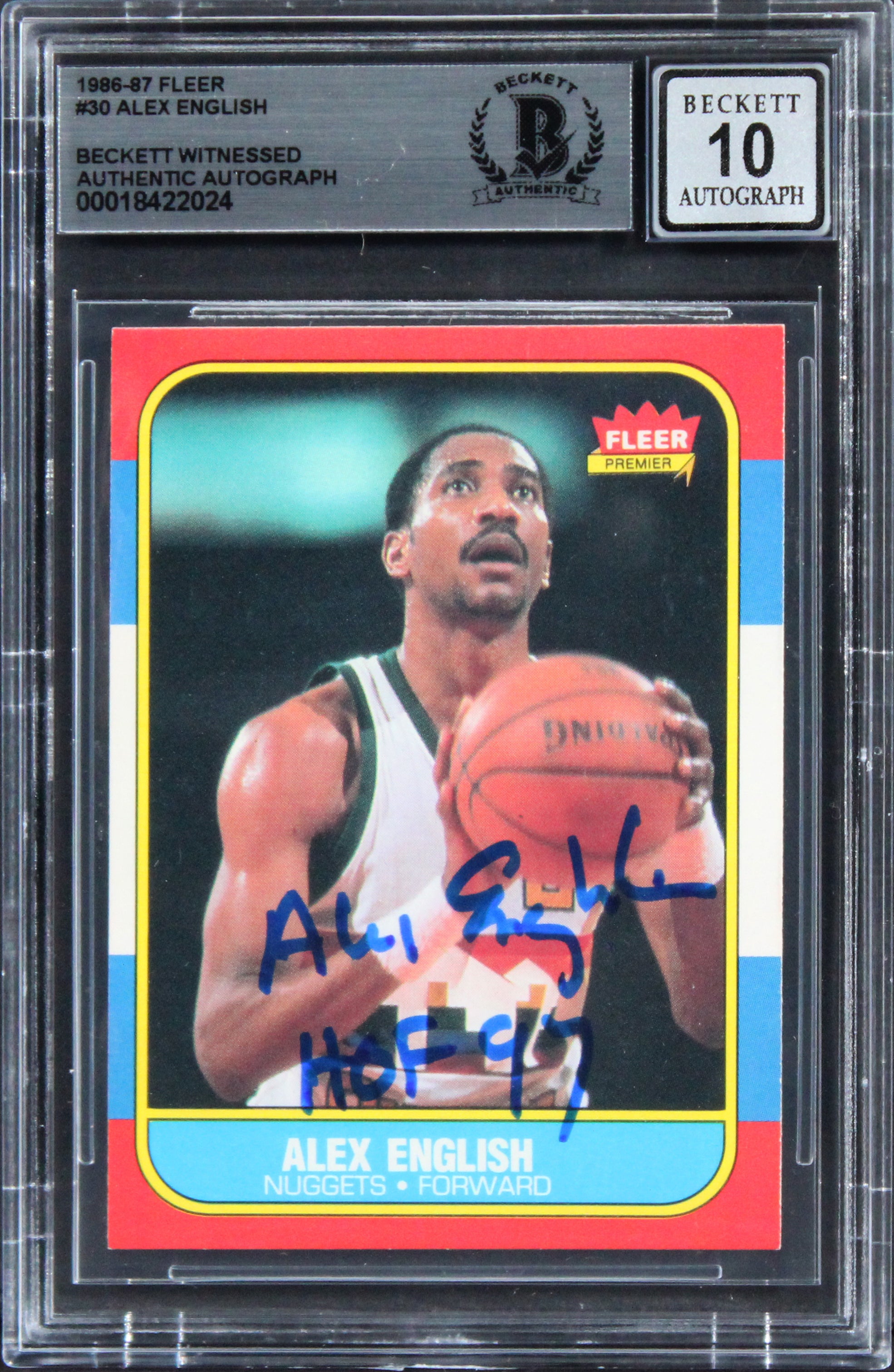 Nuggets Alex English "HOF 97" Signed 1986 Fleer #30 Card Auto GM 10! BAS Slabbed