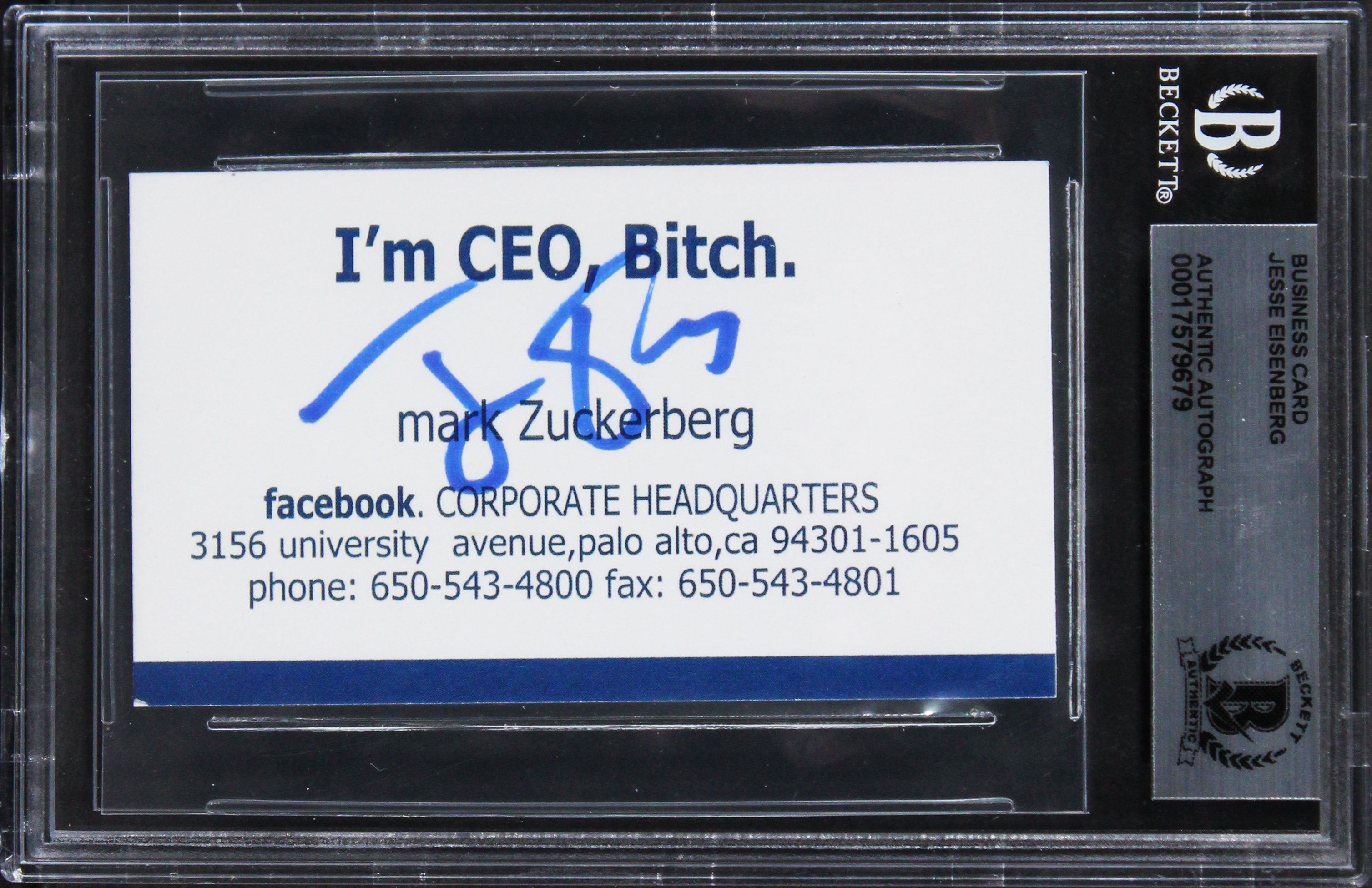 Jesse Eisenberg The Social Network Authentic Signed Business Card BAS Slabbed 2
