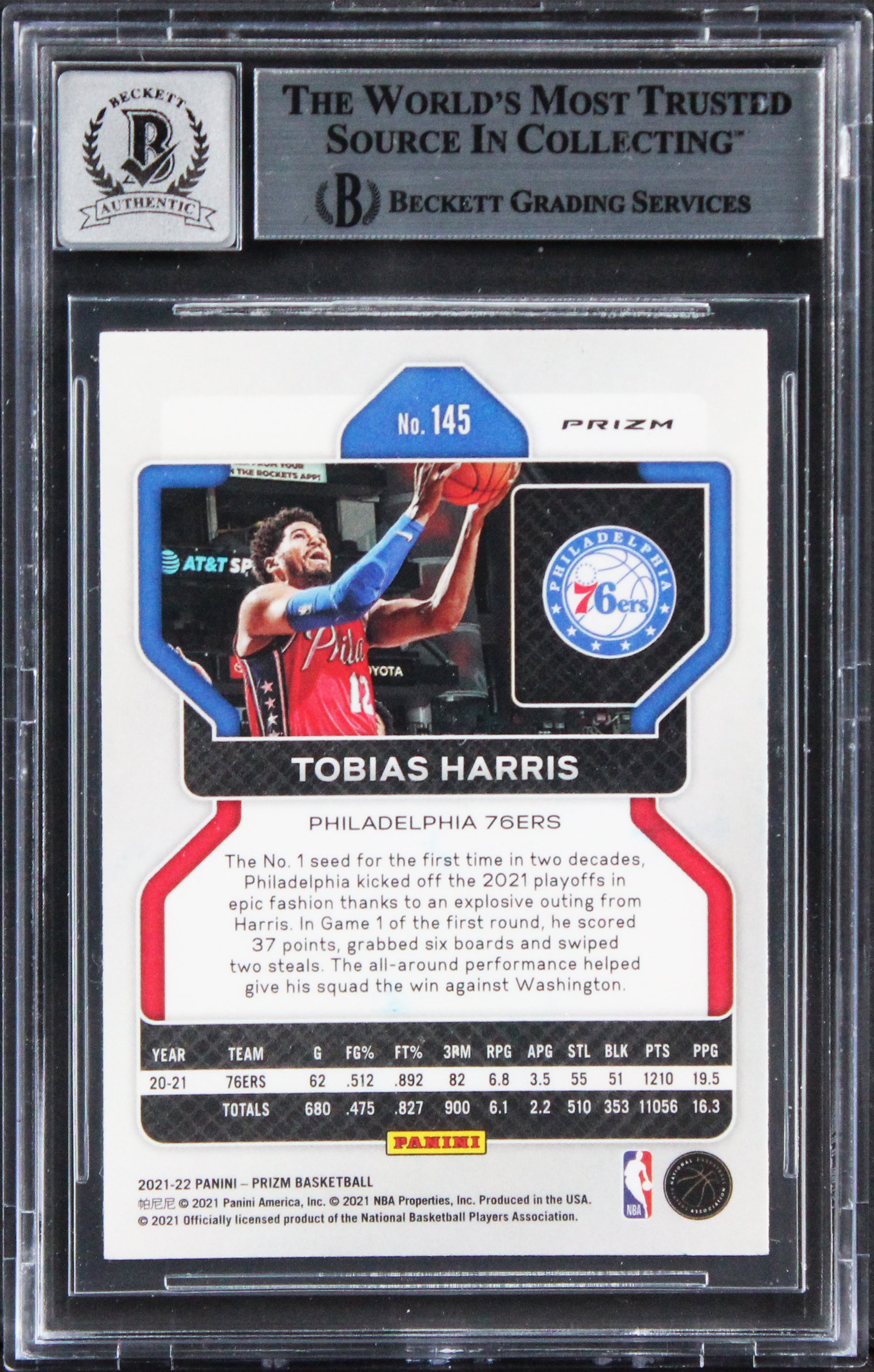 76ers Tobias Harris Signed 2021 Panini Prizm RWB #145 Card Auto 10! BAS Slabbed