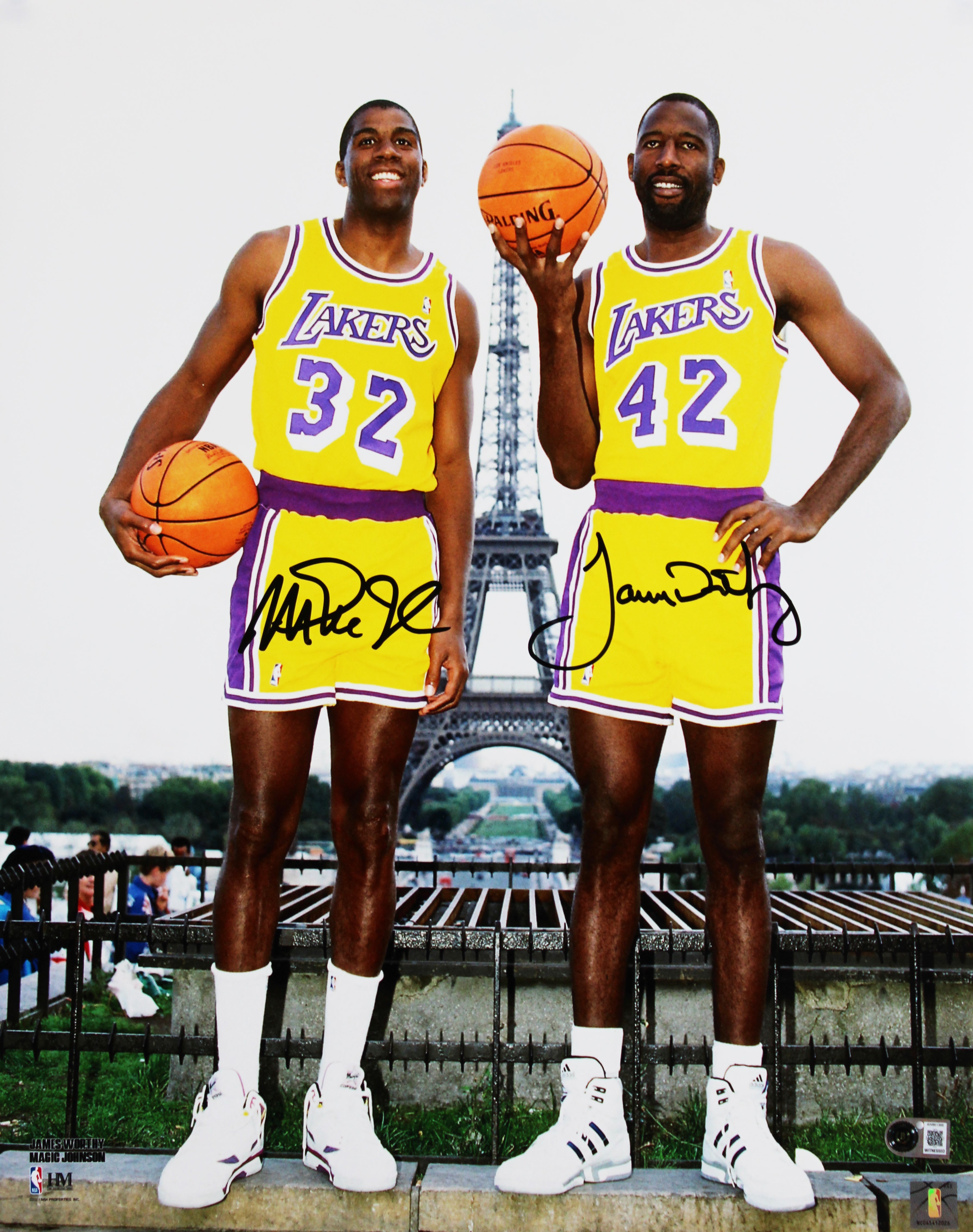 Lakers Magic Johnson & James Worthy Signed 16x20 Vertical Paris Photo BAS Wit