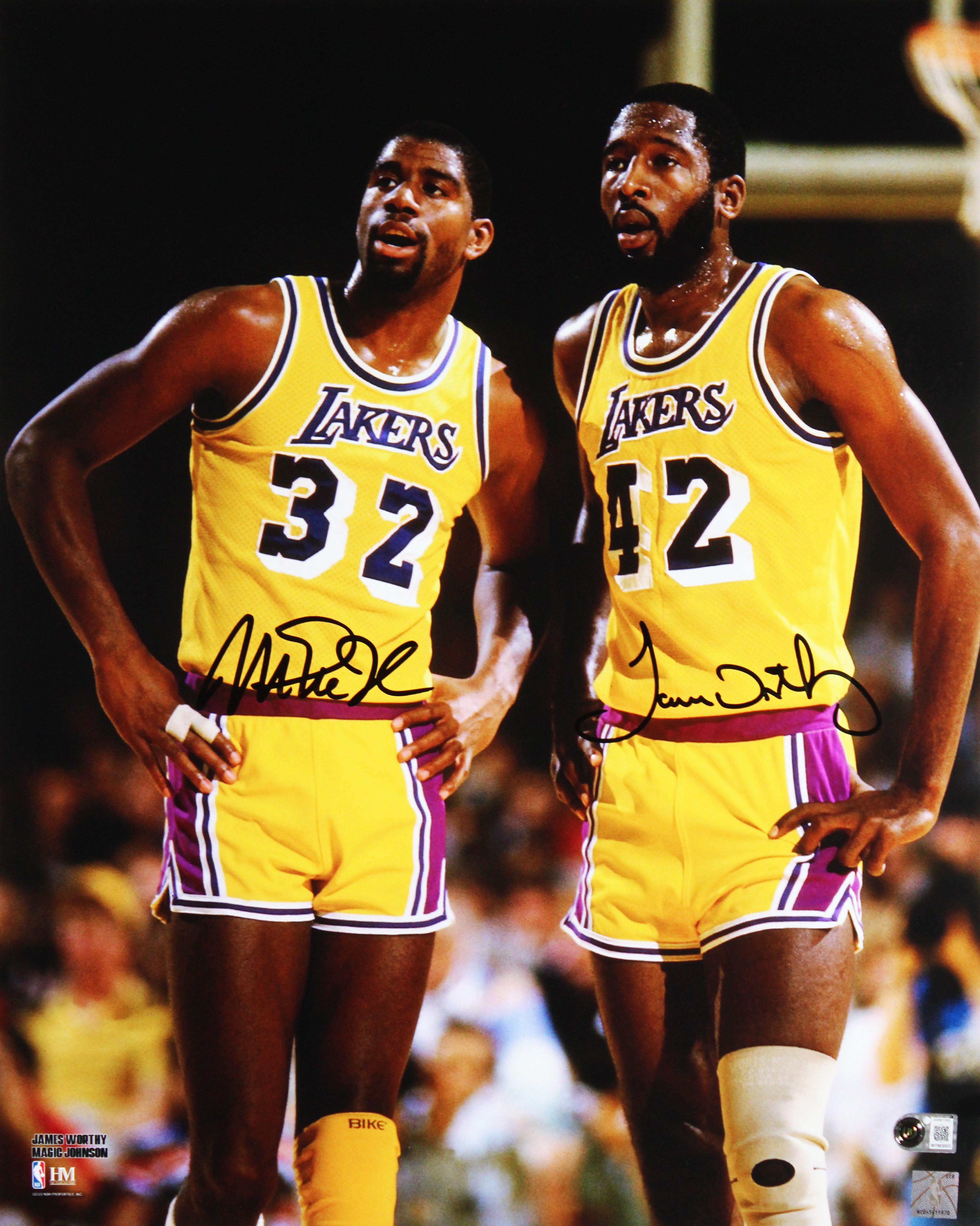 Lakers Magic Johnson & James Worthy Signed 16x20 Vertical Photo BAS Witnessed