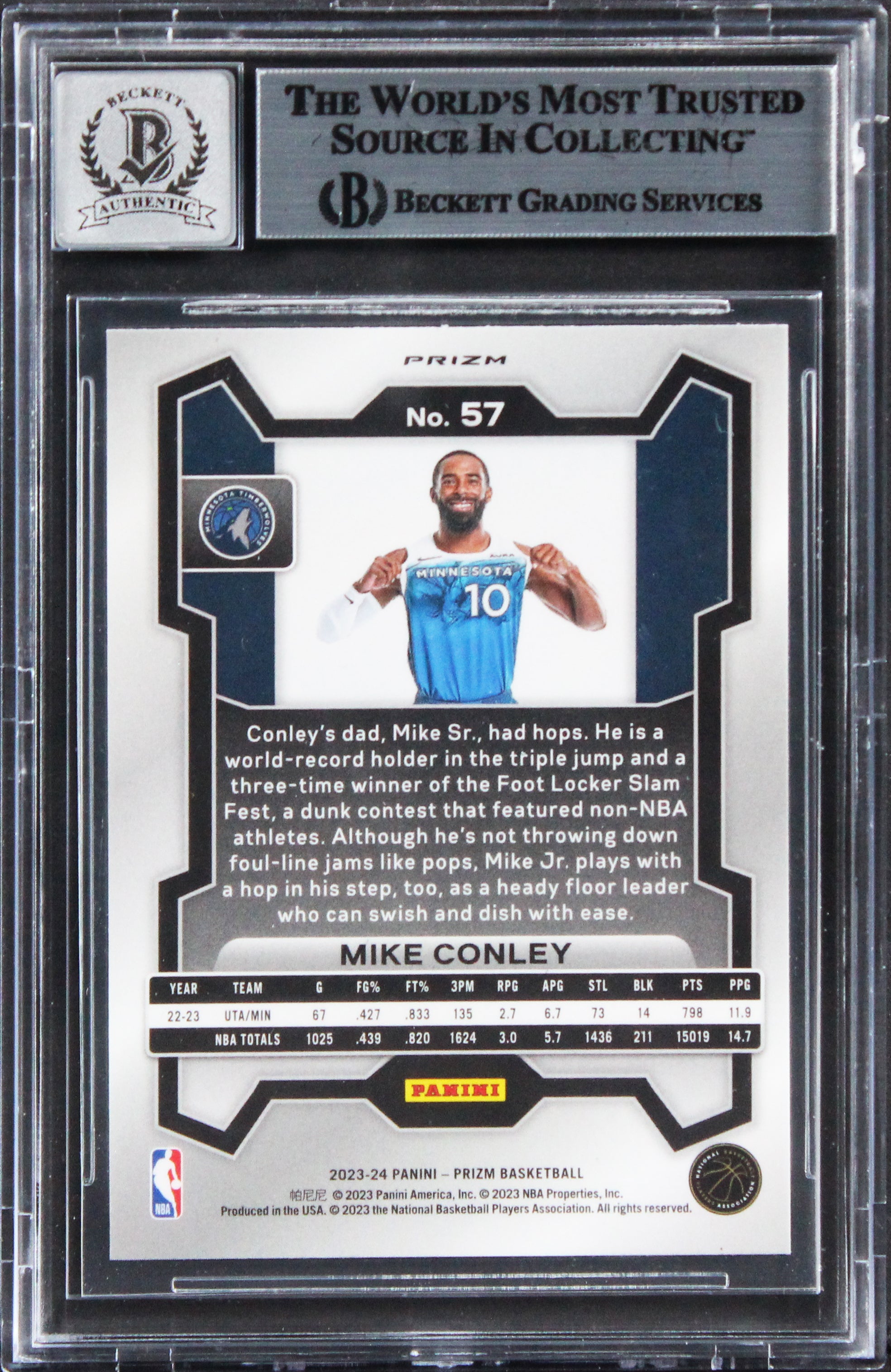 Timberwolves Mike Conley Signed 2023 Panini Prizm RWB #57 Card Auto 10! BAS Slab