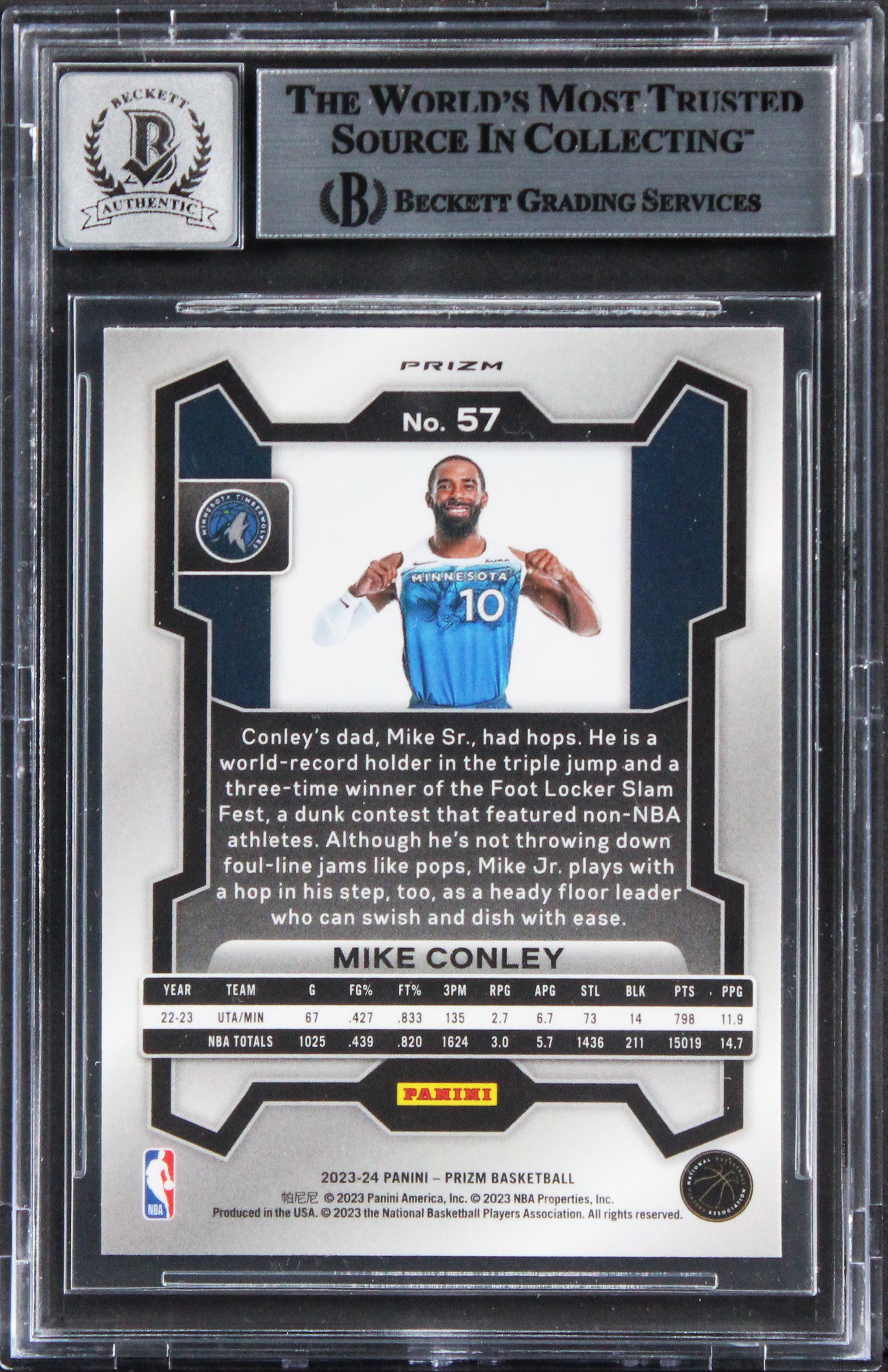 Timberwolves Mike Conley Signed 2023 Panini Prizm RWB #57 Card Auto 10! BAS Slab