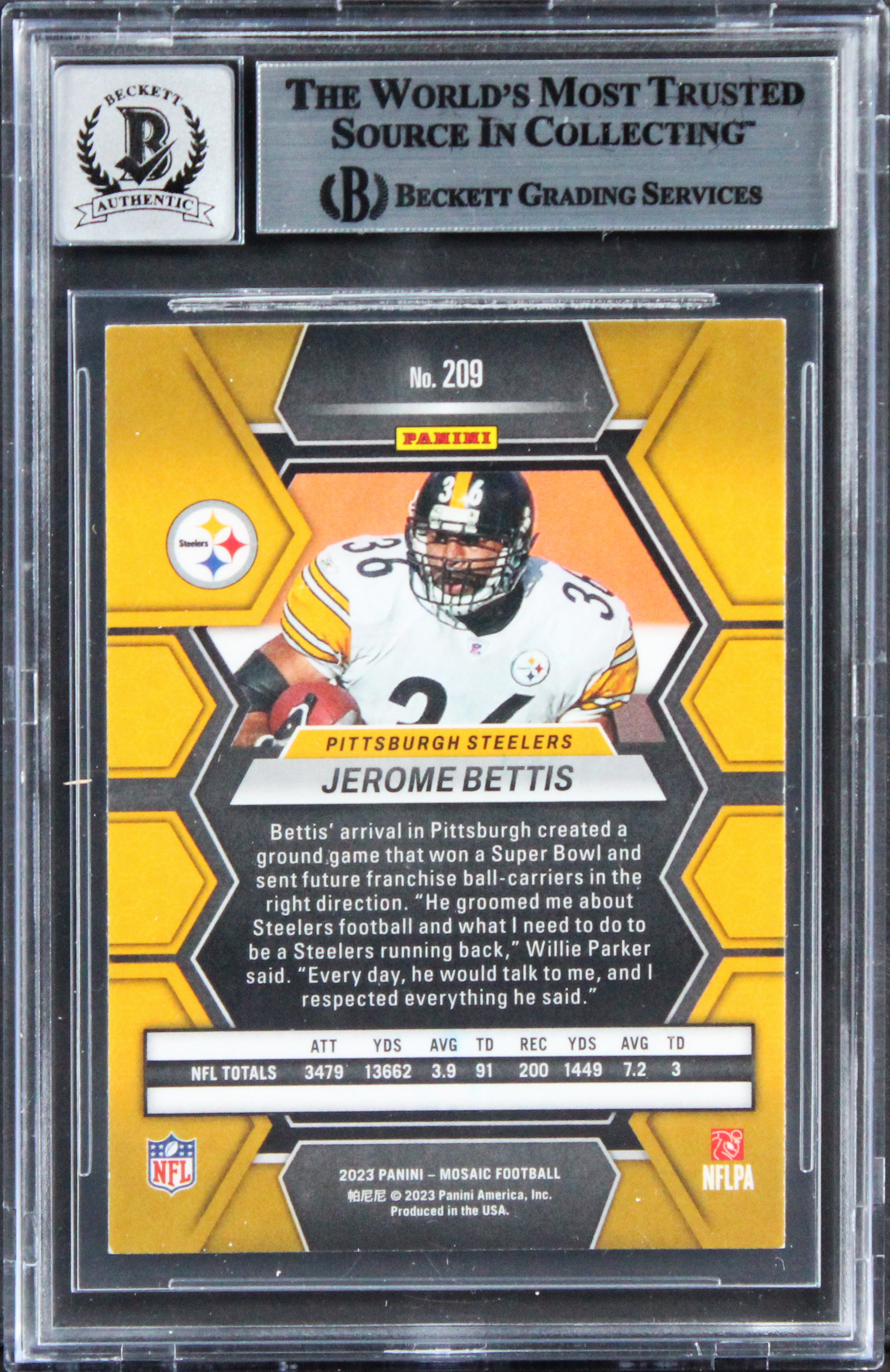 Steelers Jerome Bettis Signed 2023 Panini Mosaic #209 Card Auto 10! BAS Slabbed