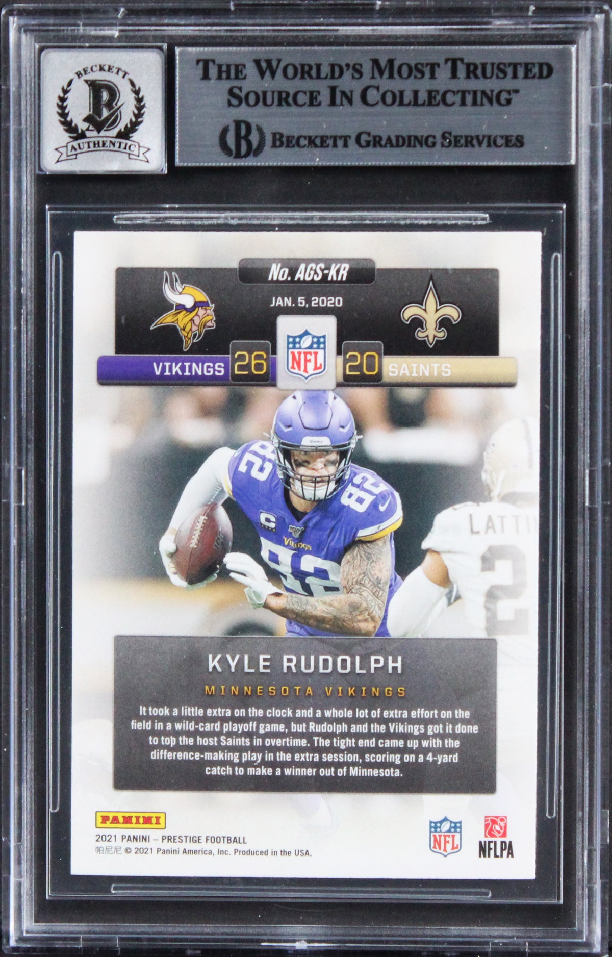 Vikings Kyle Rudolph Signed 2021 Prestige AGS #6 Card Auto Grade 10! BAS Slabbed