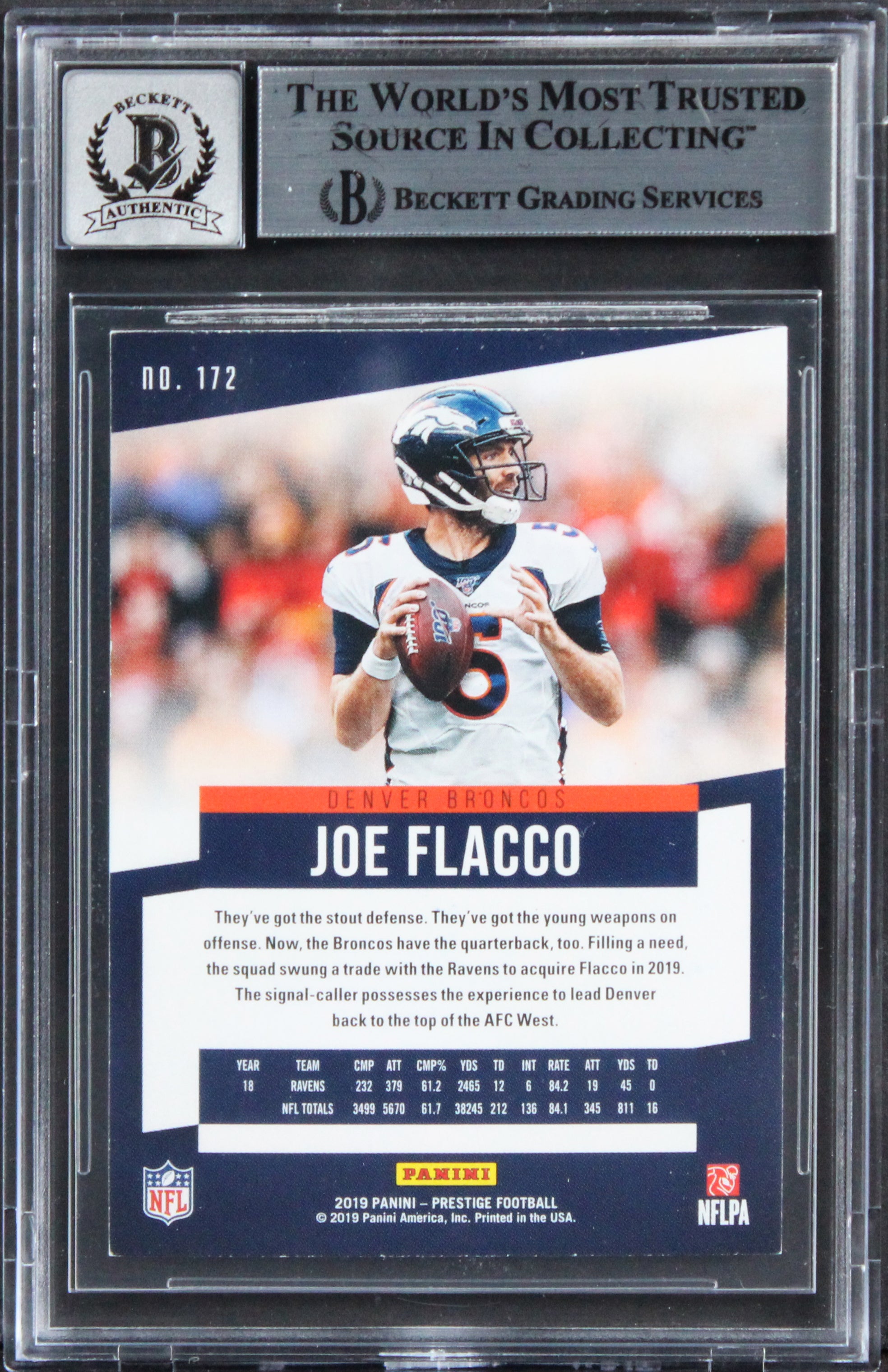 Broncos Joe Flacco Signed 2019 Prestige #172 Card Auto Graded 10! BAS Slabbed