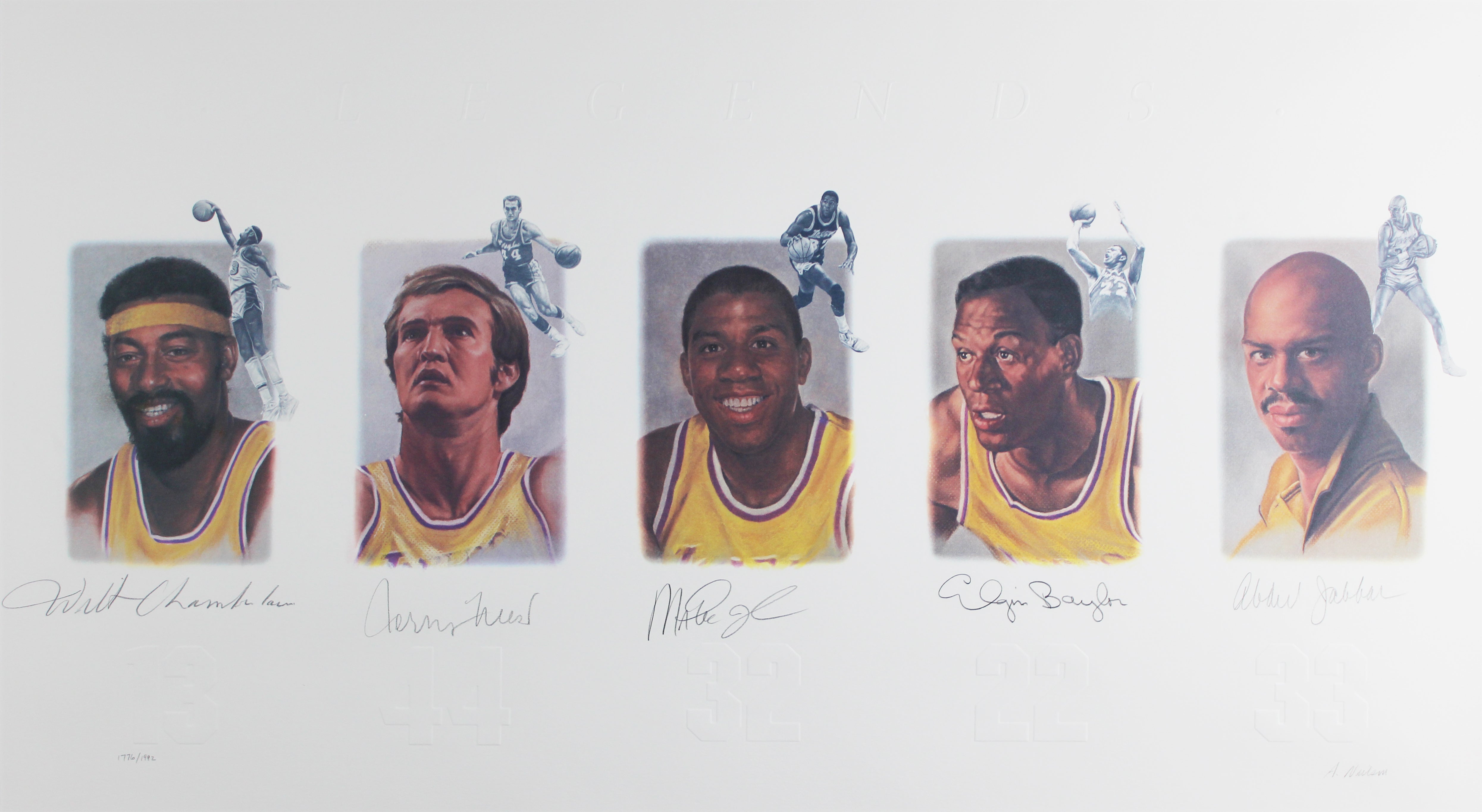 Lakers Legends (5) Chamberlain Jabbar Johnson Signed & Framed 22x39 Litho JSA