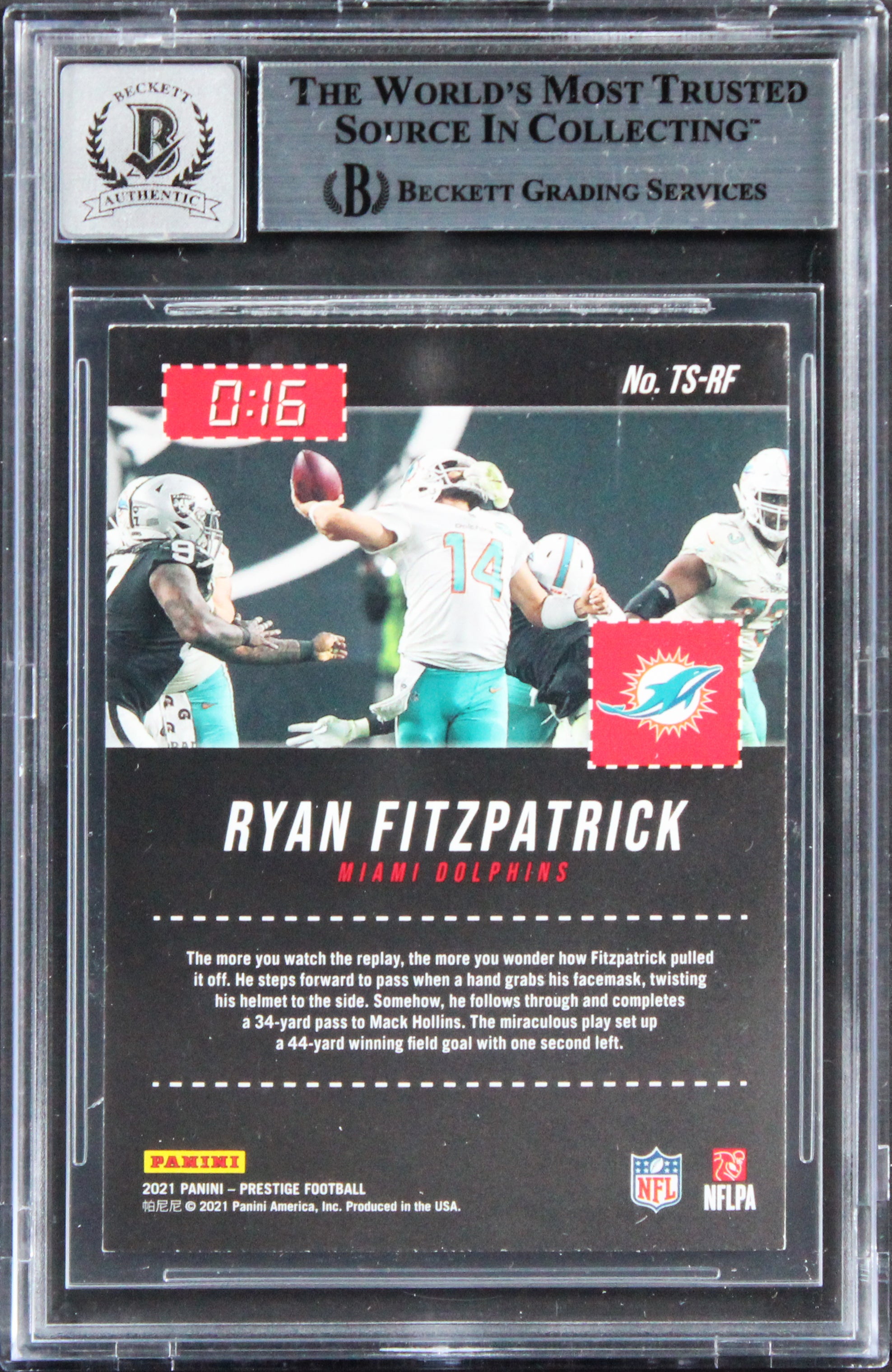 Dolphins Ryan Fitzpatrick Signed 2021 Prestige TS #14 Card Auto 10! BAS Slabbed