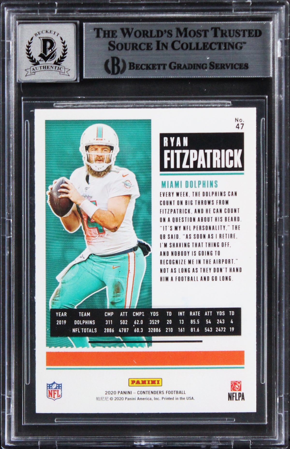 Dolphins Ryan Fitzpatrick Signed 2020 Panini Contend #47 Card Auto 10! BAS Slab