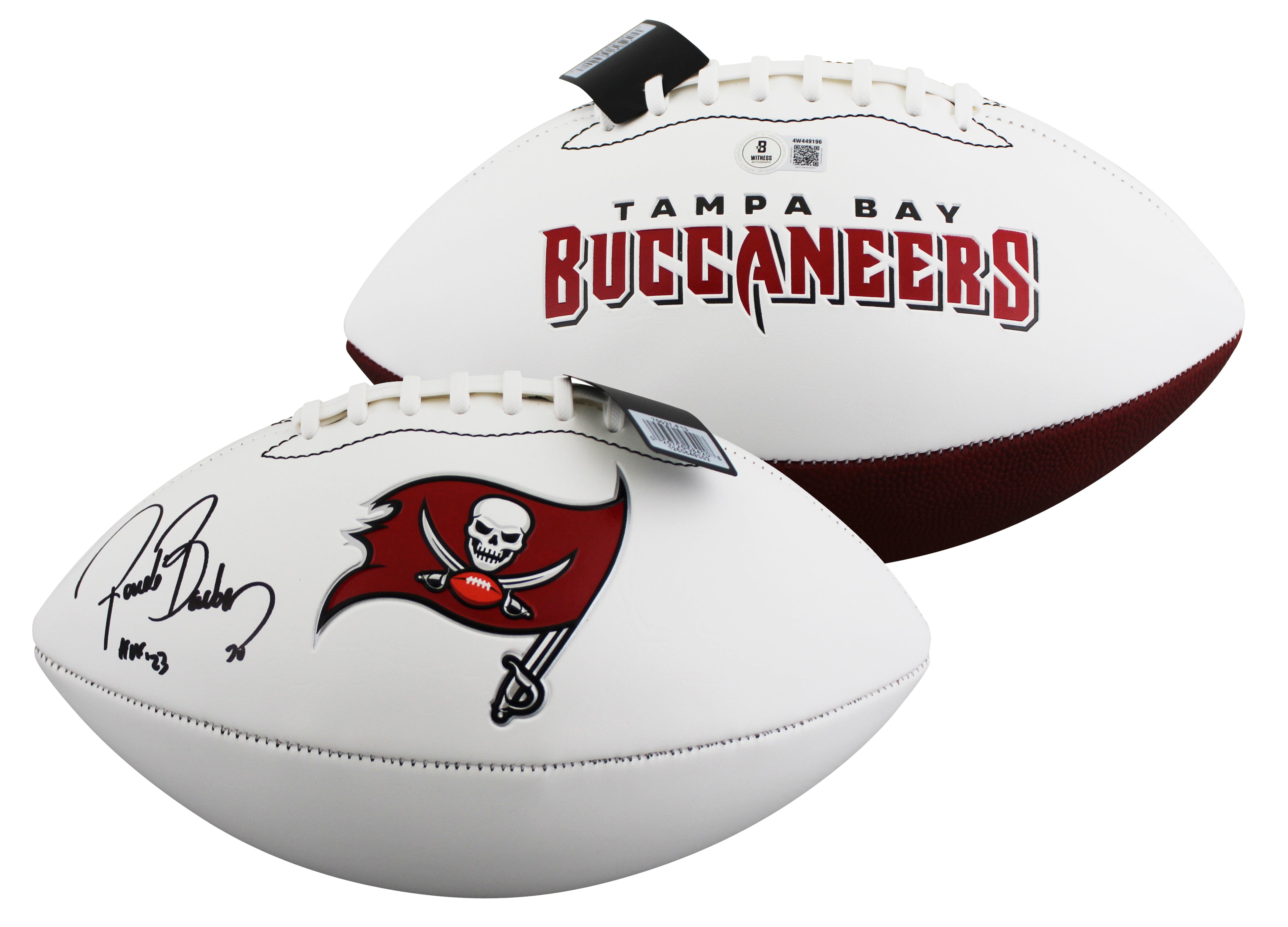 Buccaneers Ronde Barber "HOF 23" Signed White Panel Logo Football BAS Witnessed