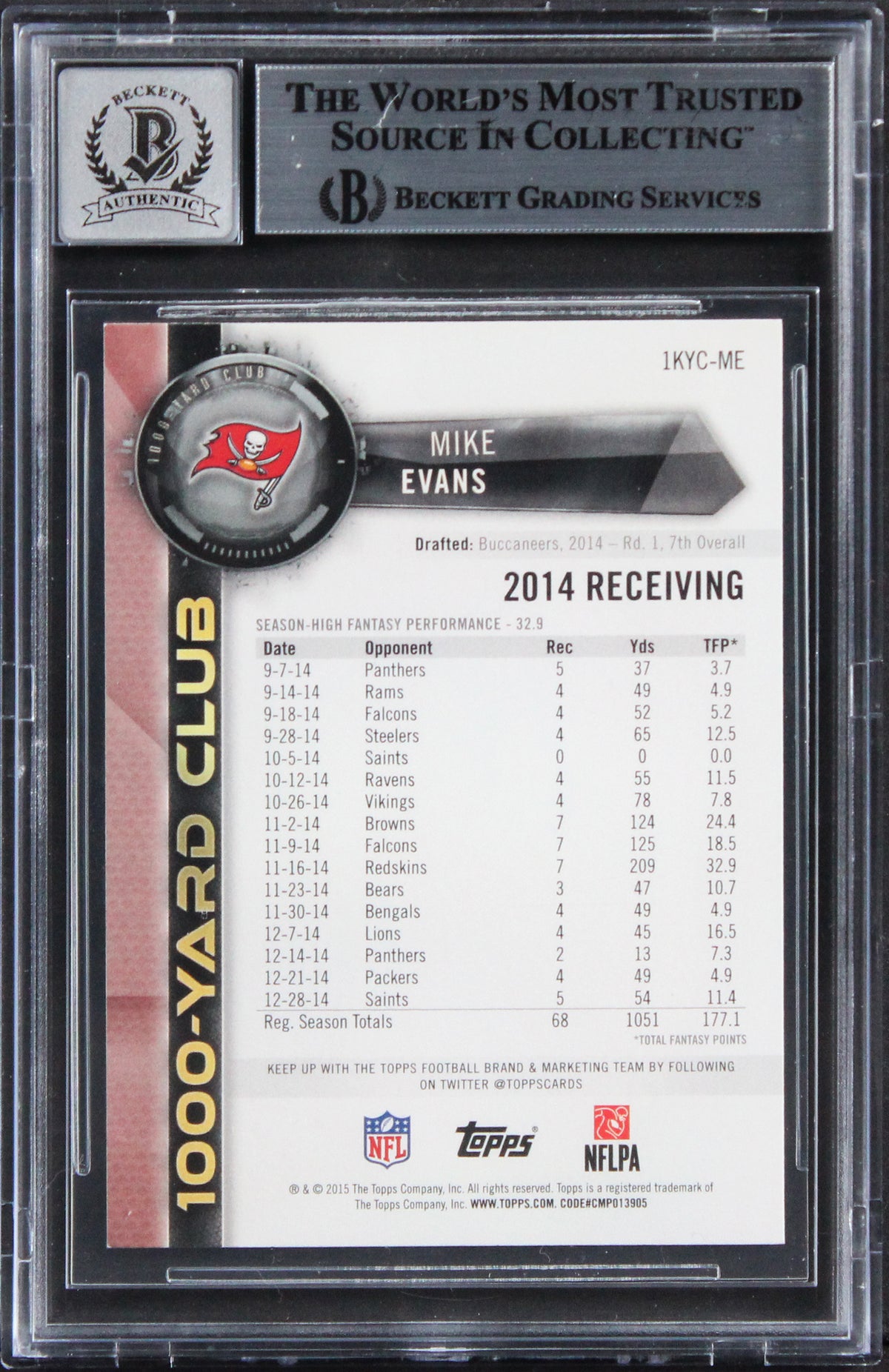 Bucs Mike Evans Signed 2015 Topps 1000 Yd Club #1KYCME Card Auto 10! BAS Slabbed
