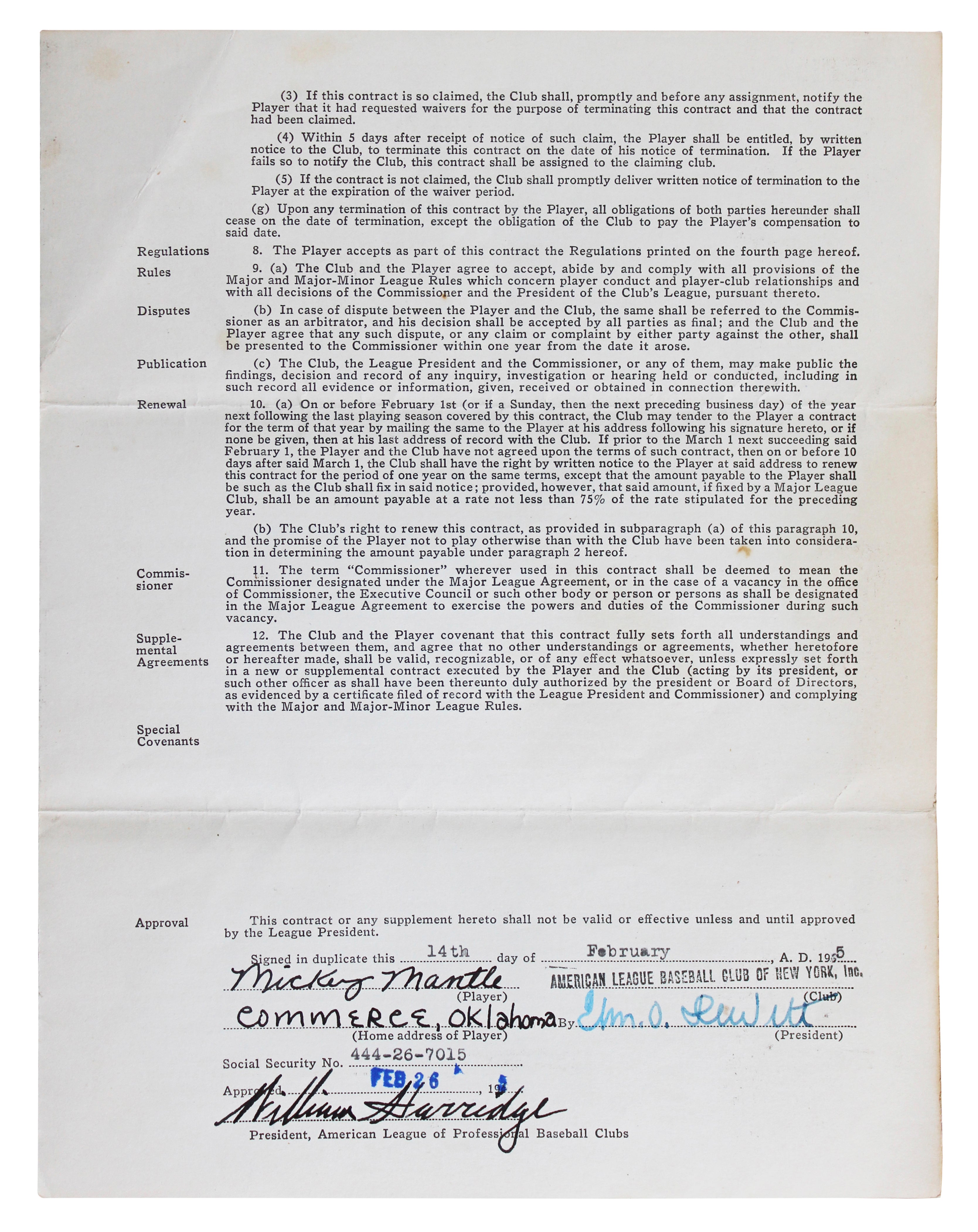 Yankees Mickey Mantle +2 Signed 8.5x11 1955 Player Contract PSA/DNA #AR05282