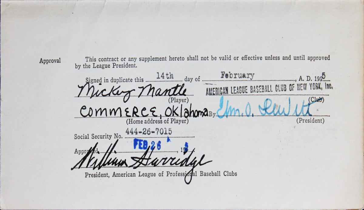 Yankees Mickey Mantle +2 Signed 8.5x11 1955 Player Contract PSA/DNA #AR05282
