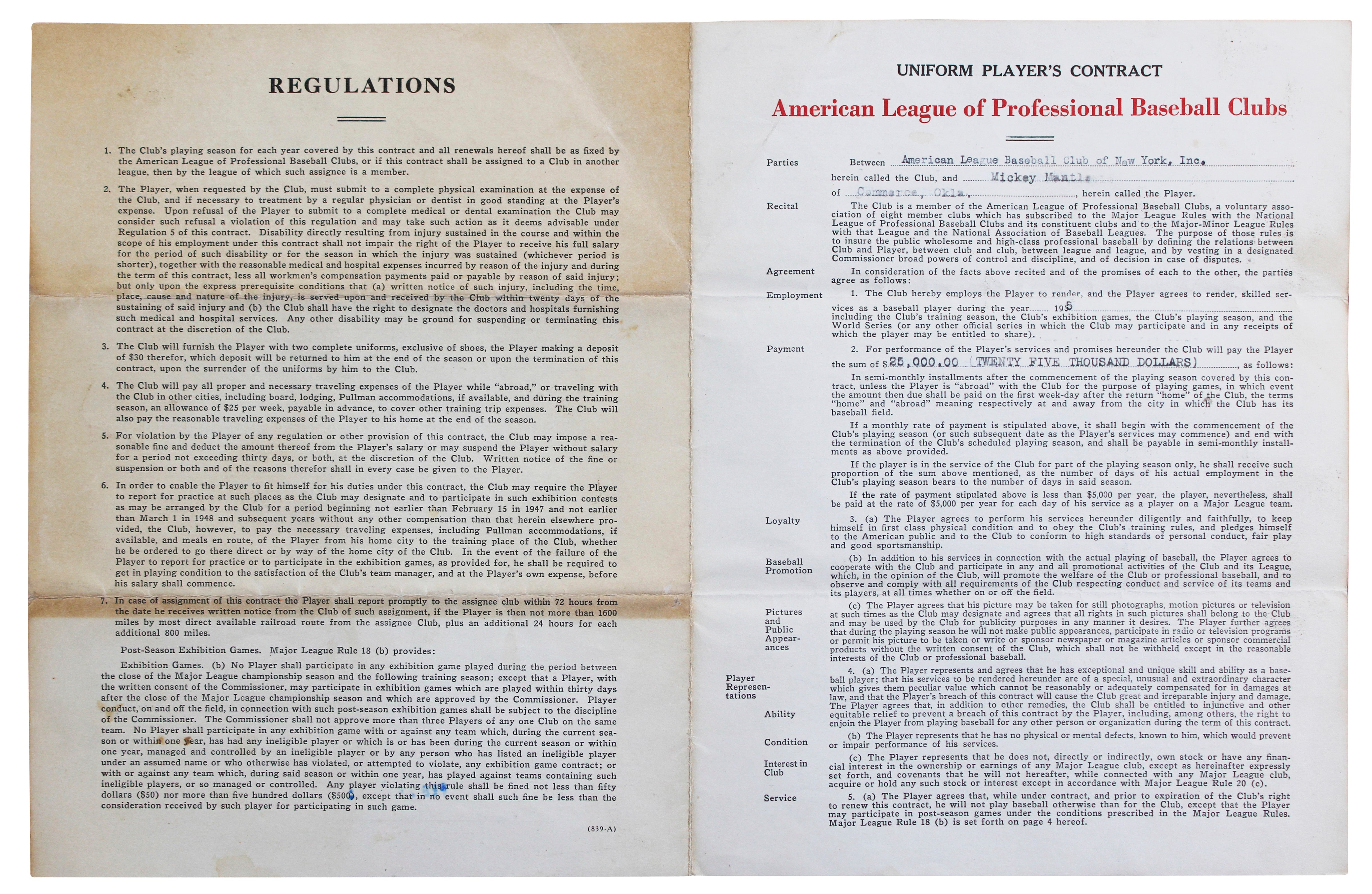 Yankees Mickey Mantle +2 Signed 8.5x11 1955 Player Contract PSA/DNA #AR05282