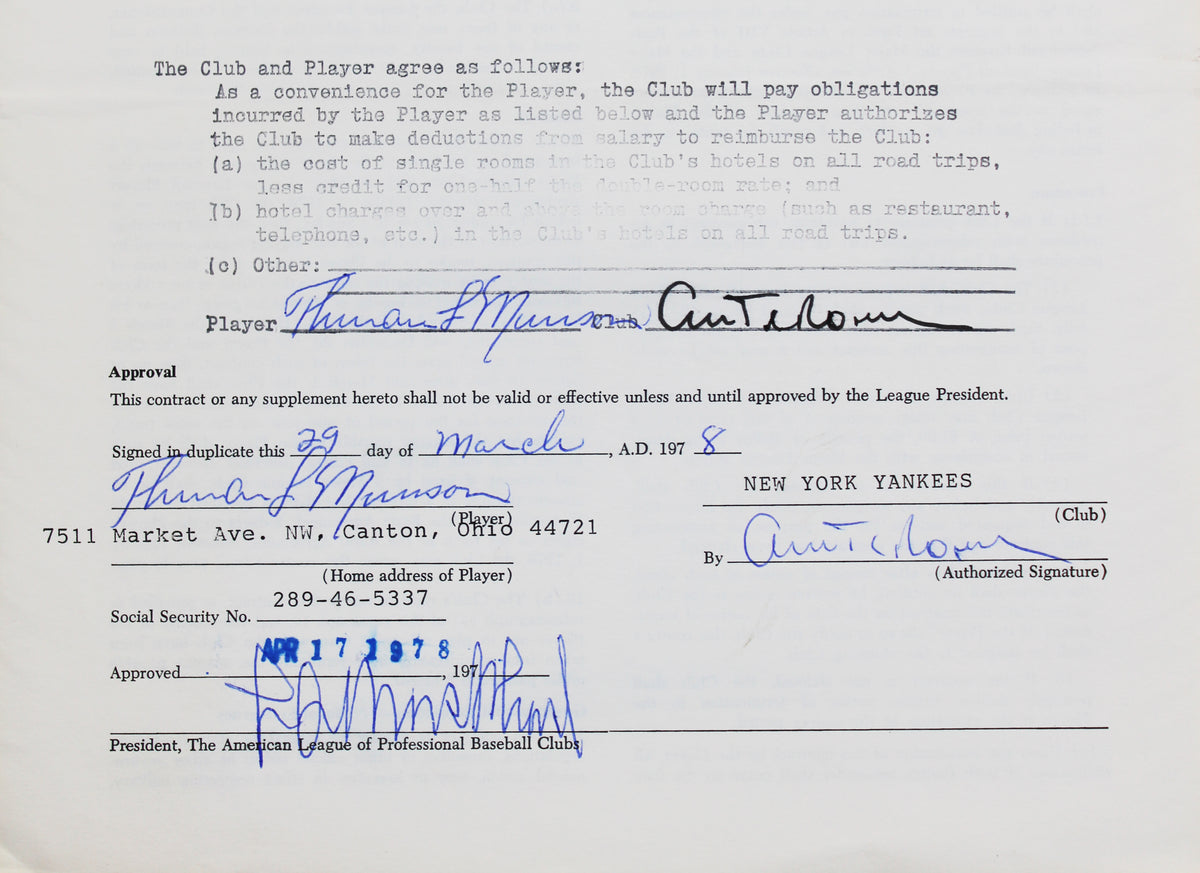 Yankees Thurman Munson Authentic Signed 8.5x11 1978 Player Contract PSA #AR05499
