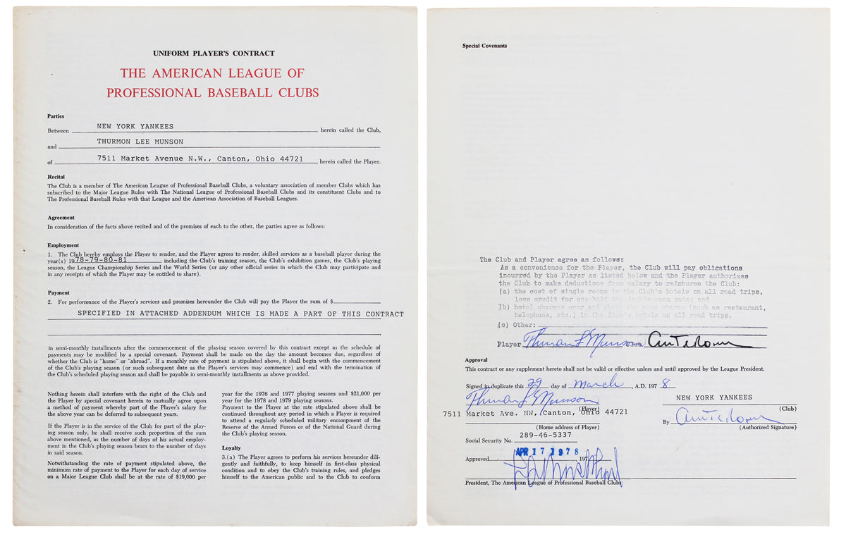Yankees Thurman Munson Authentic Signed 8.5x11 1978 Player Contract PSA #AR05499