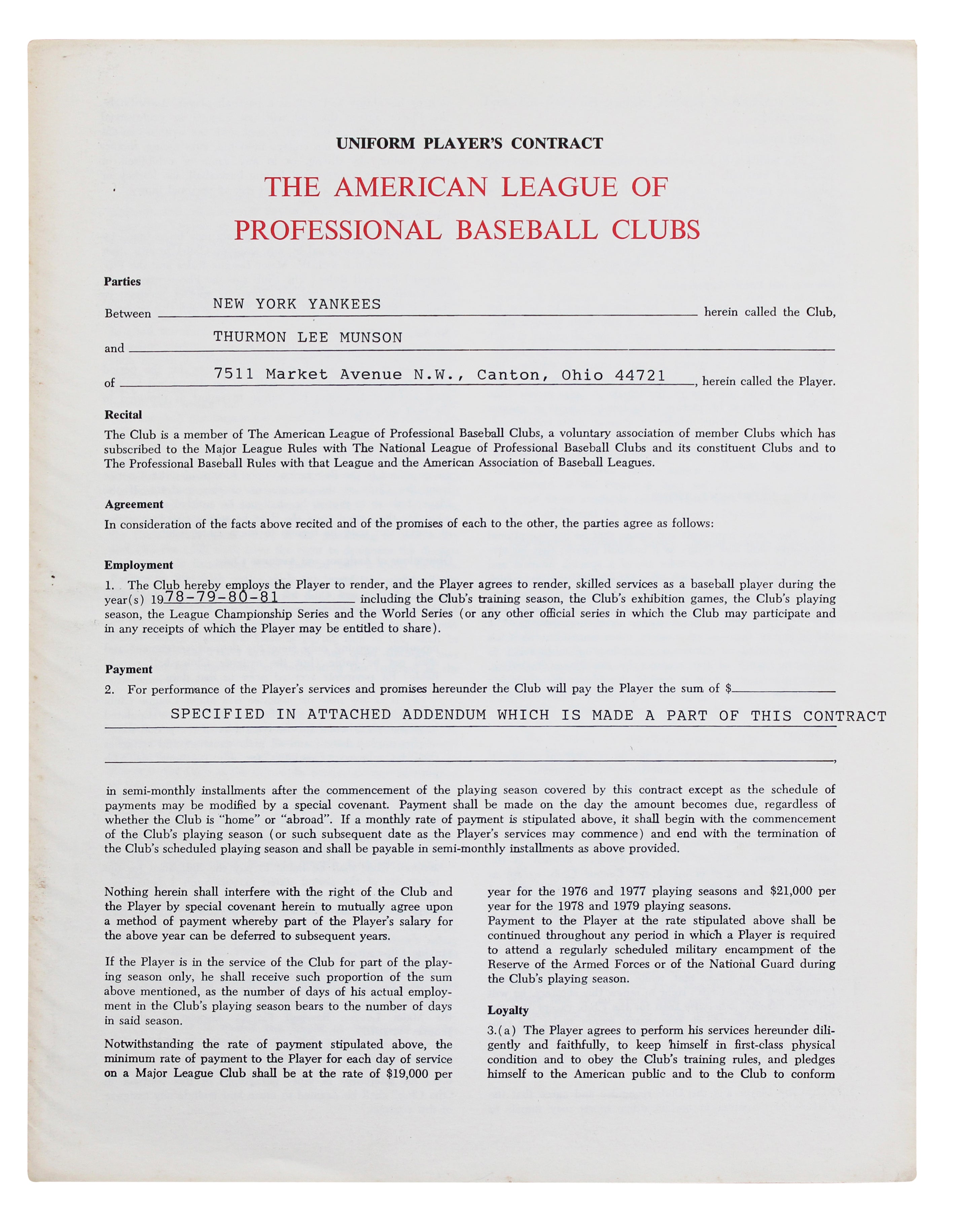 Yankees Thurman Munson Authentic Signed 8.5x11 1978 Player Contract PSA #AR05499