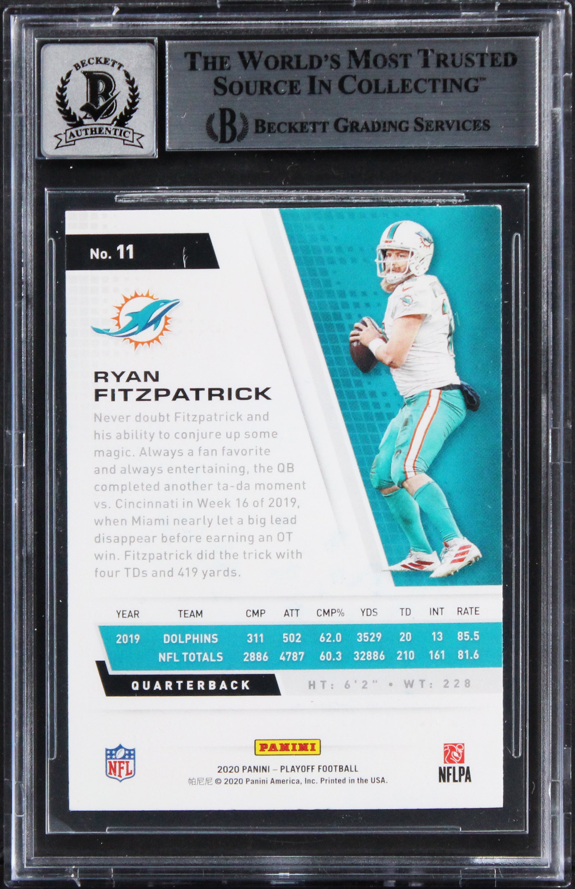 Dolphins Ryan Fitzpatrick Signed 2020 Playoff #11 Card Auto 10! BAS Slabbed
