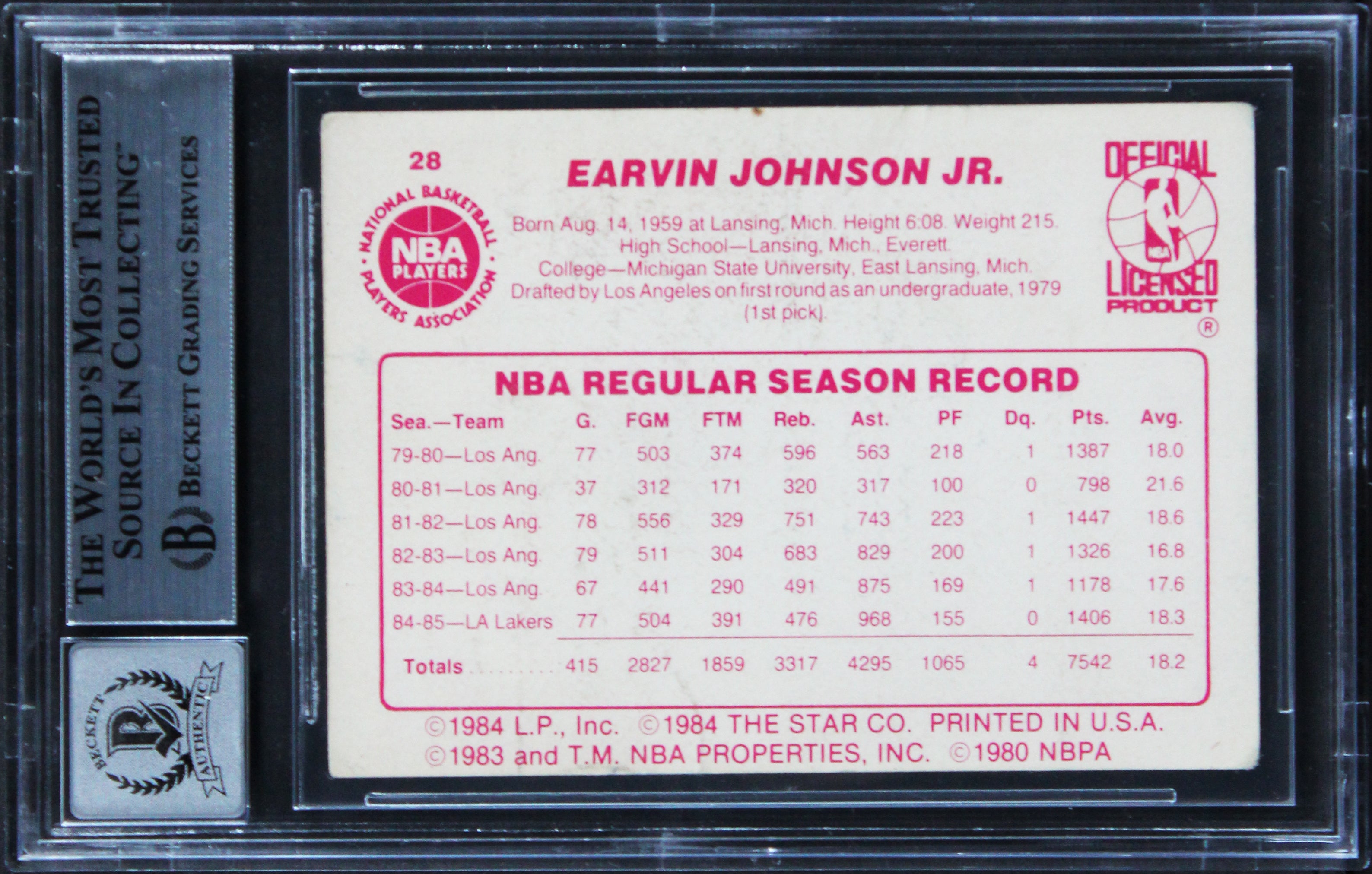Lakers Magic Johnson Signed 1985 Star #28 Card Auto Grade Mint 10! BAS Slabbed