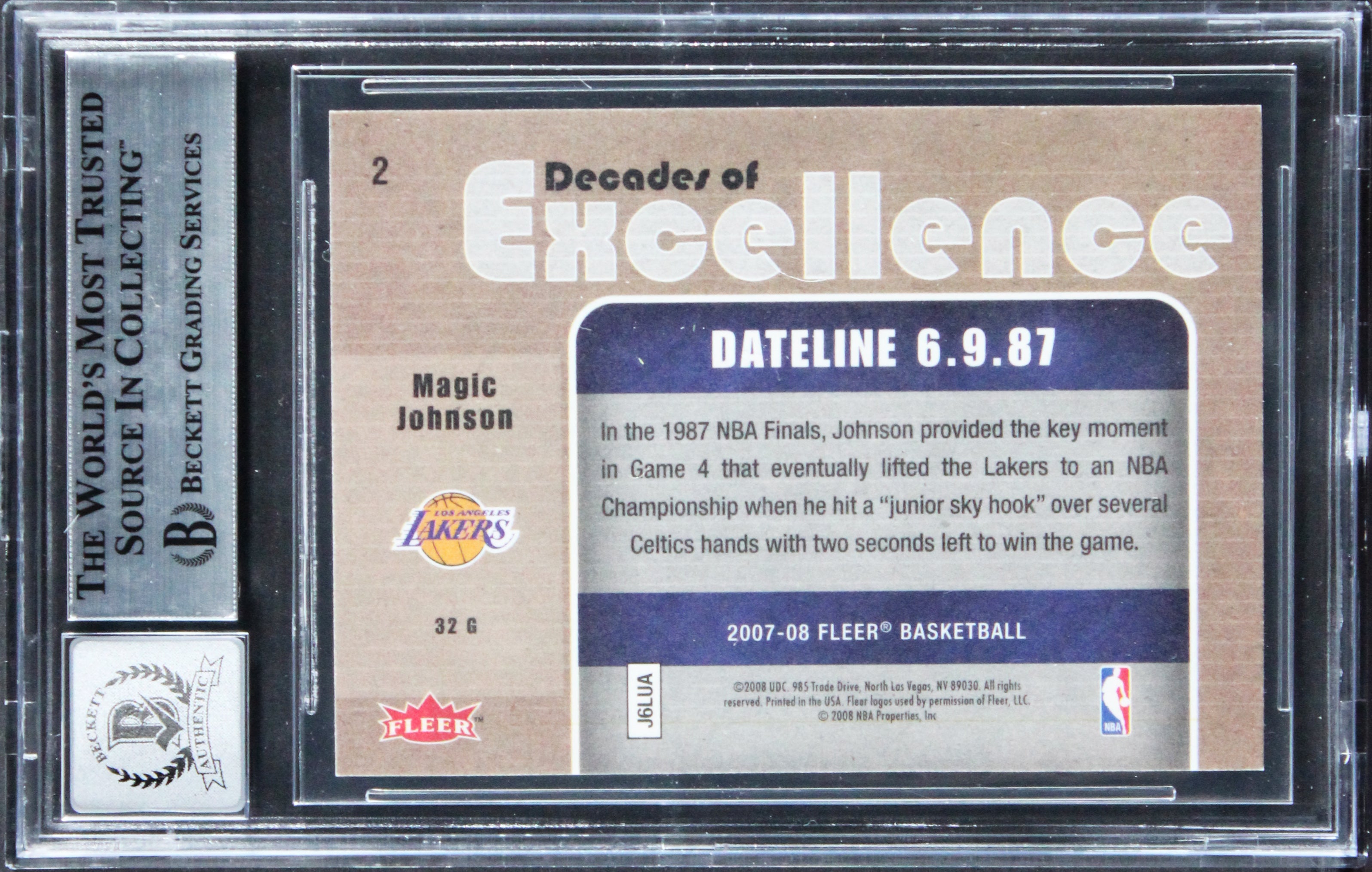 Lakers Magic Johnson Signed 2007 Fleer DOE #2 Card Auto Grade 10! BAS Slabbed
