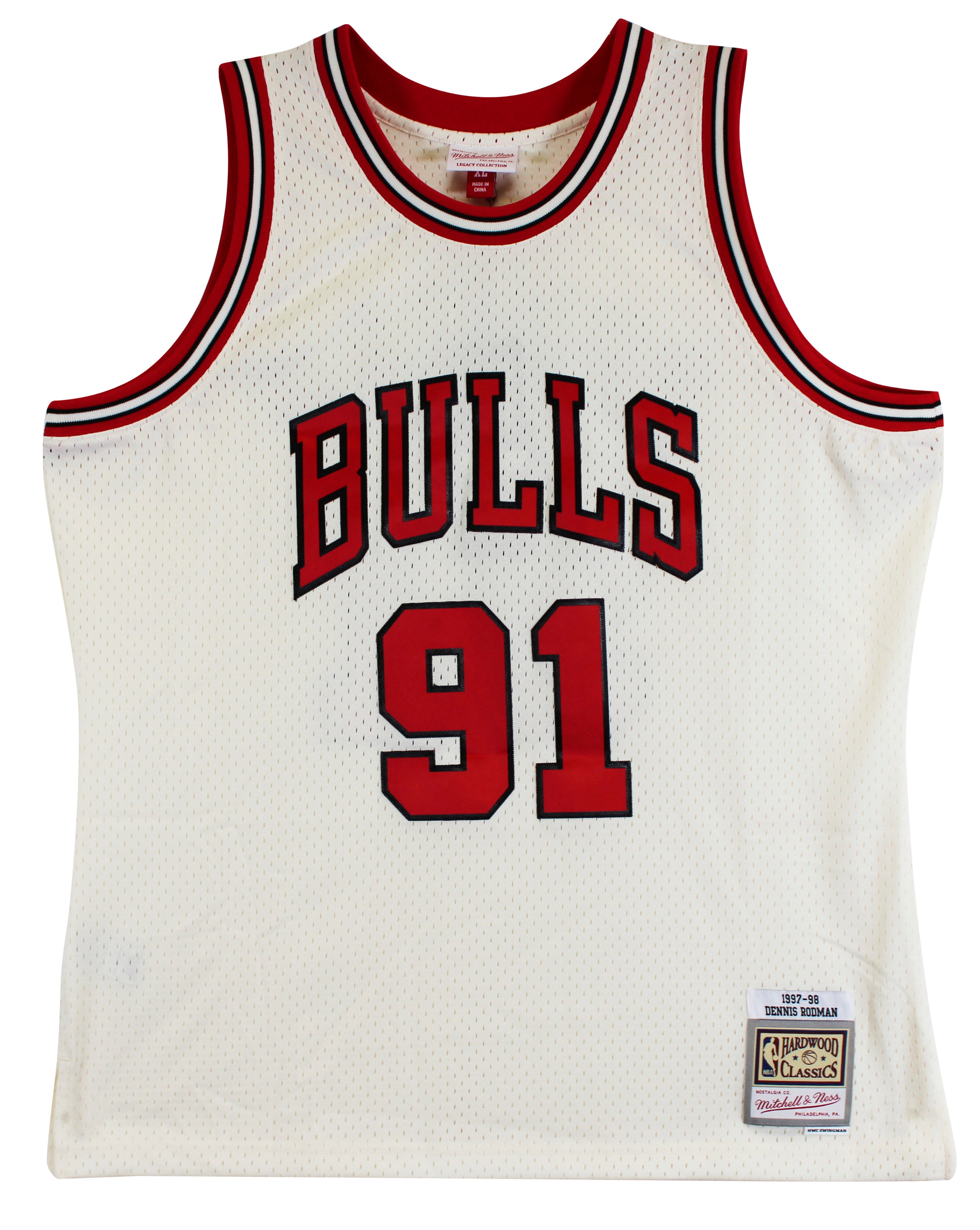 Bulls Dennis Rodman "HOF 2011" Signed Cream M&N HWC Swingman Jersey BAS Witness