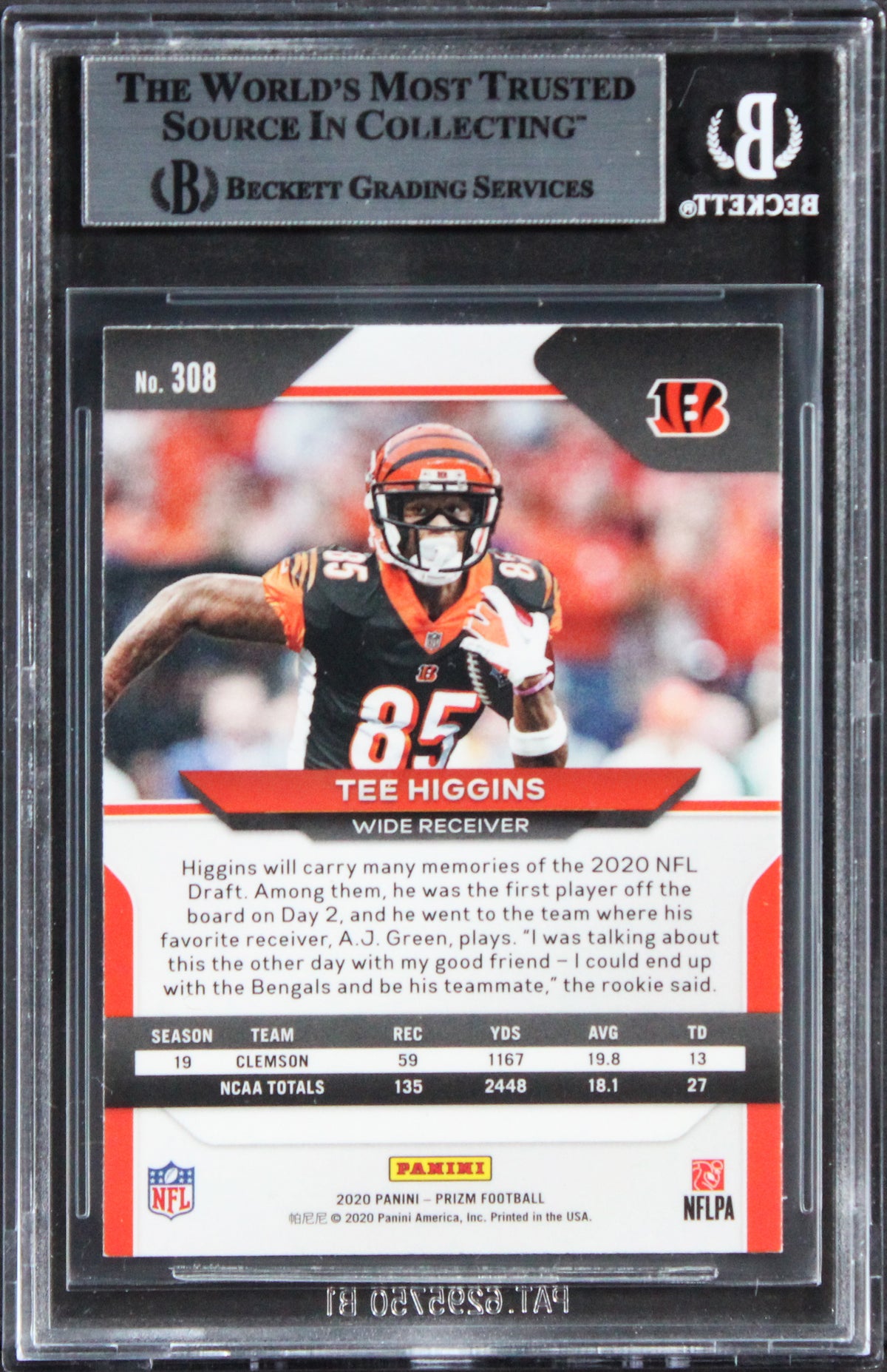Bengals Tee Higgins Authentic Signed 2020 Panini Prizm #308A Card BAS Slabbed