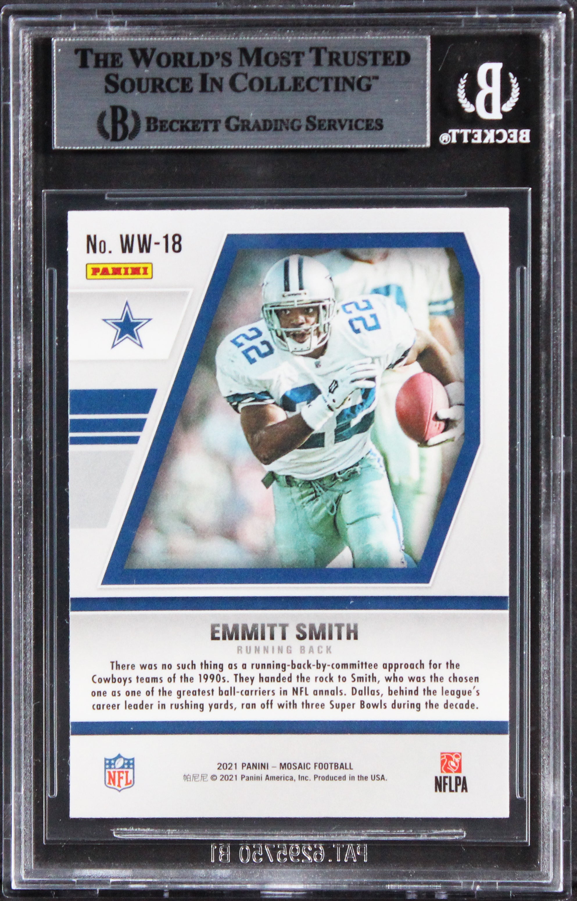 Cowboys Emmitt Smith Signed 2021 Panini Mosaic Will To Win #18 Card BAS Slabbed